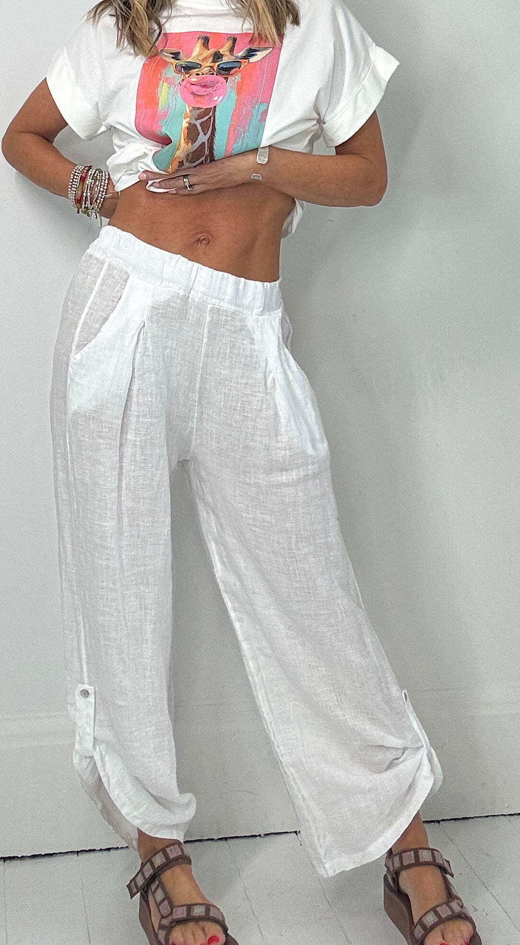 Linen Roll up Pant - white