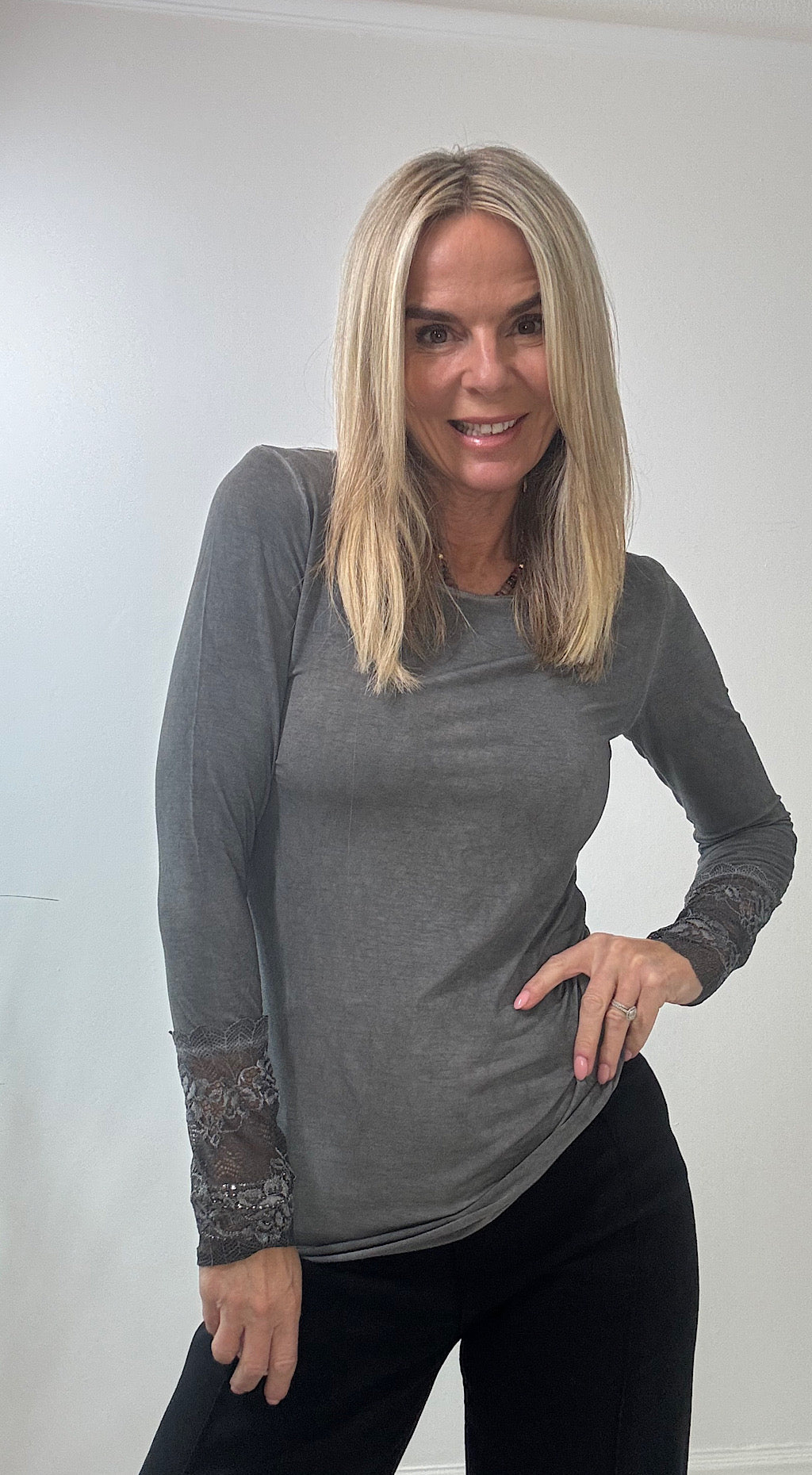 Lace Trim Top - Charcoal