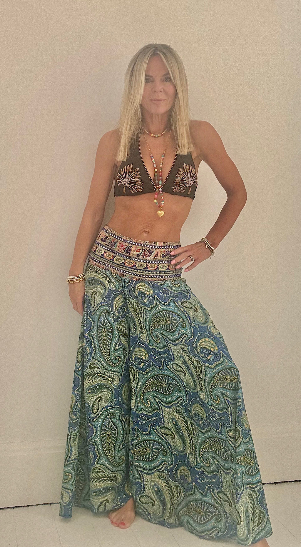 Indian silk pants green paisley print