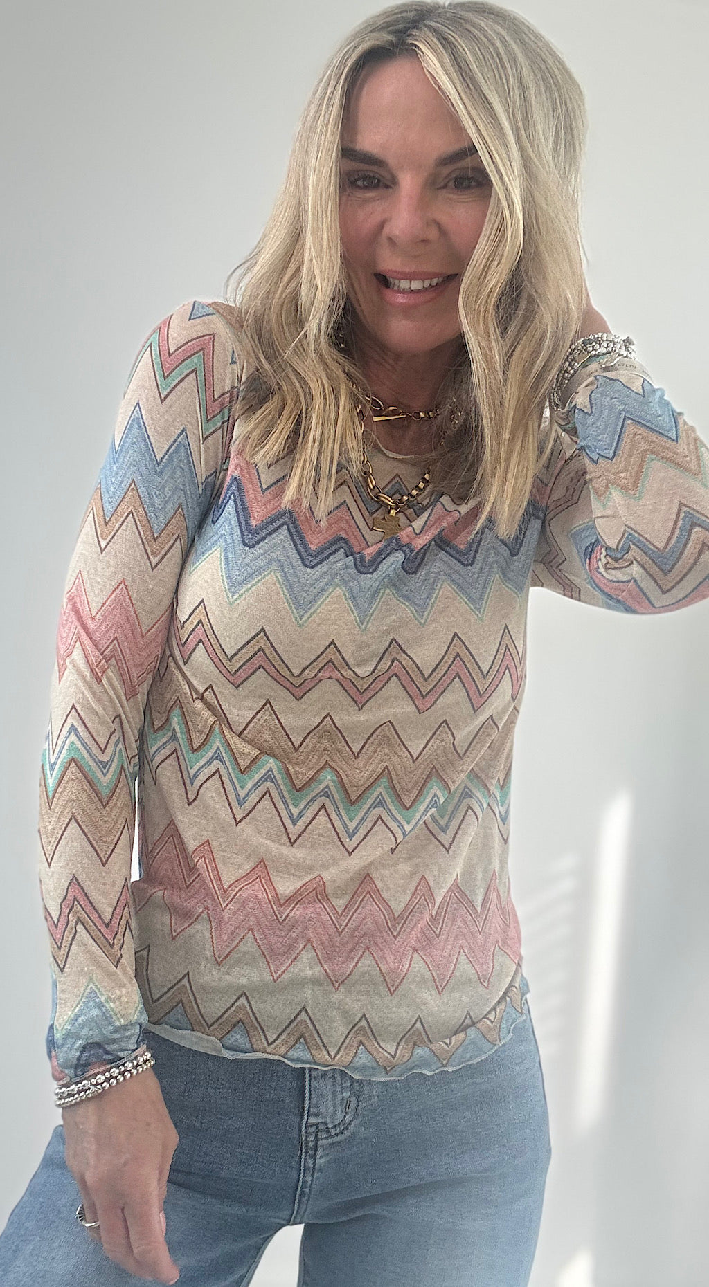 Zig Zag Cashmere Mix Top - blue