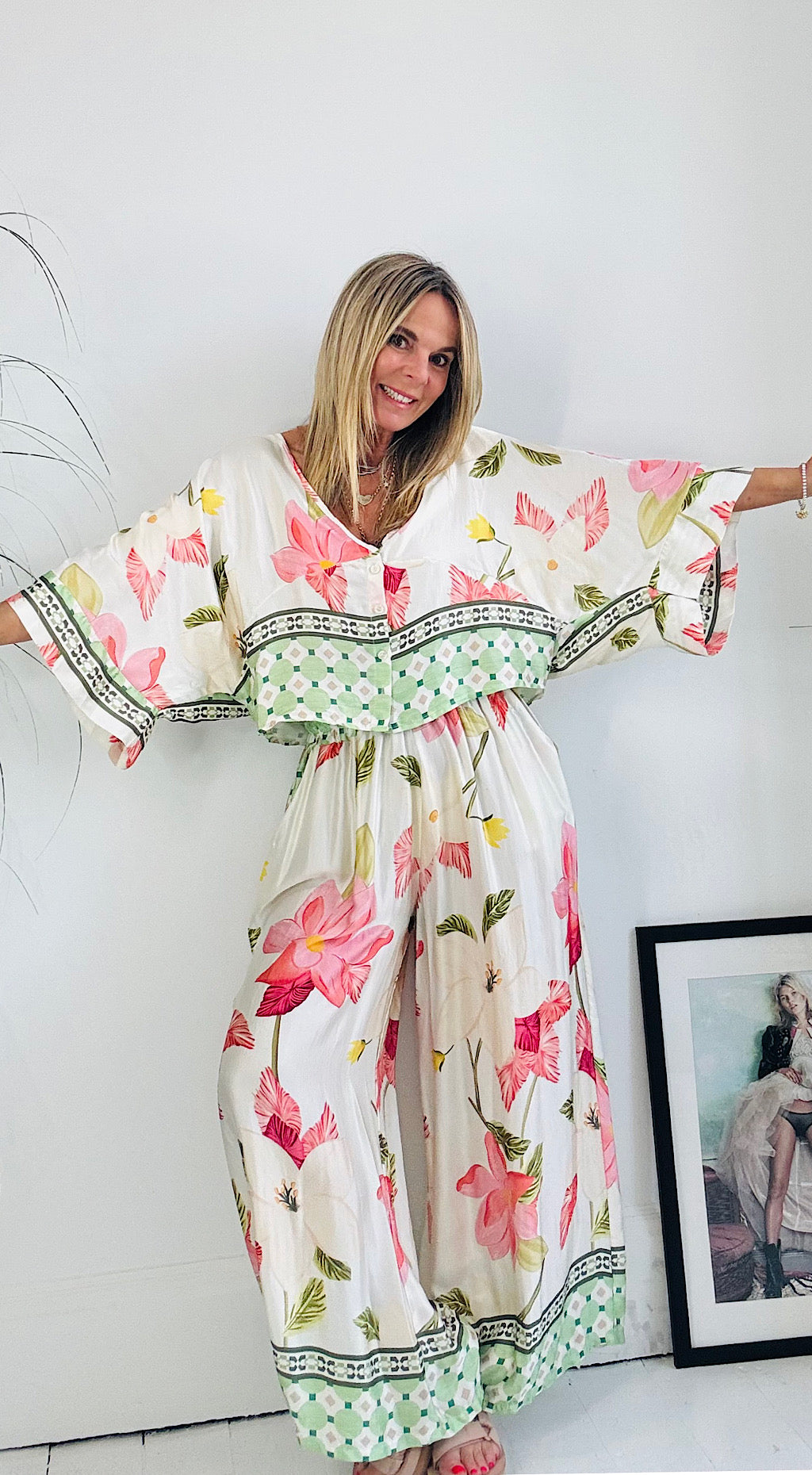 Satin Flower Print Suit