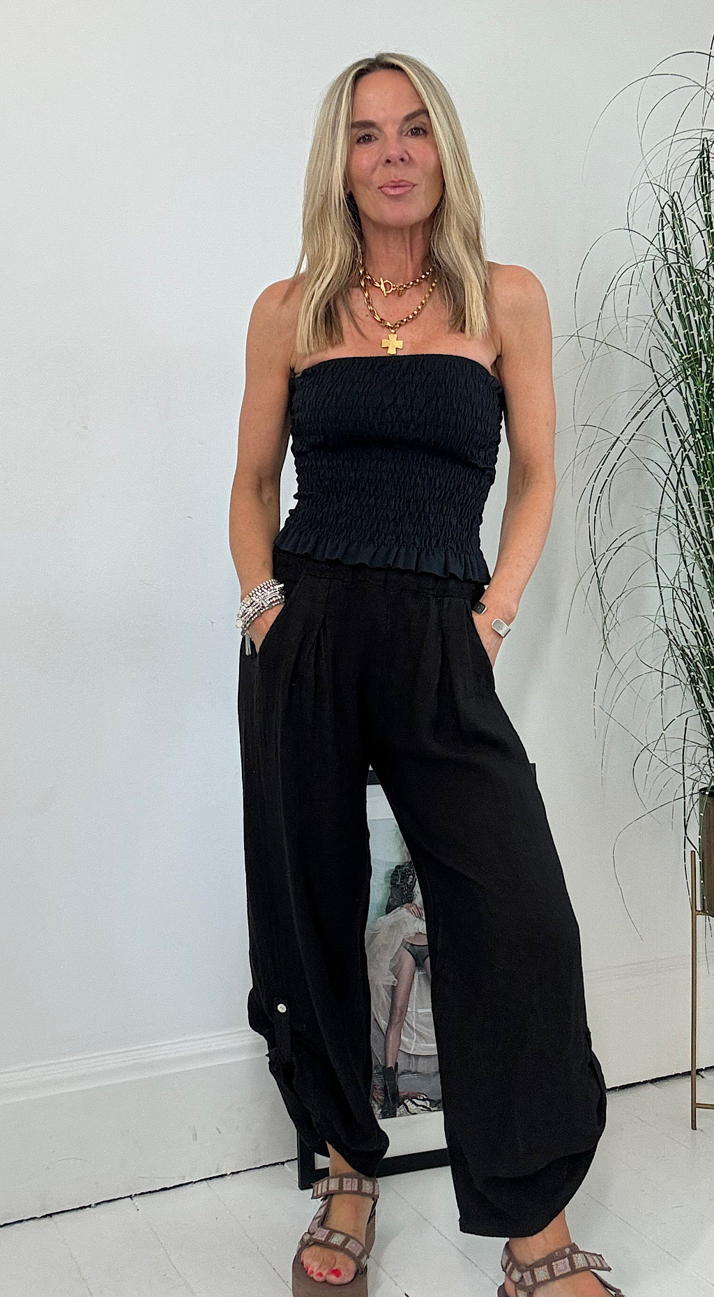 Linen Roll up Pant - black