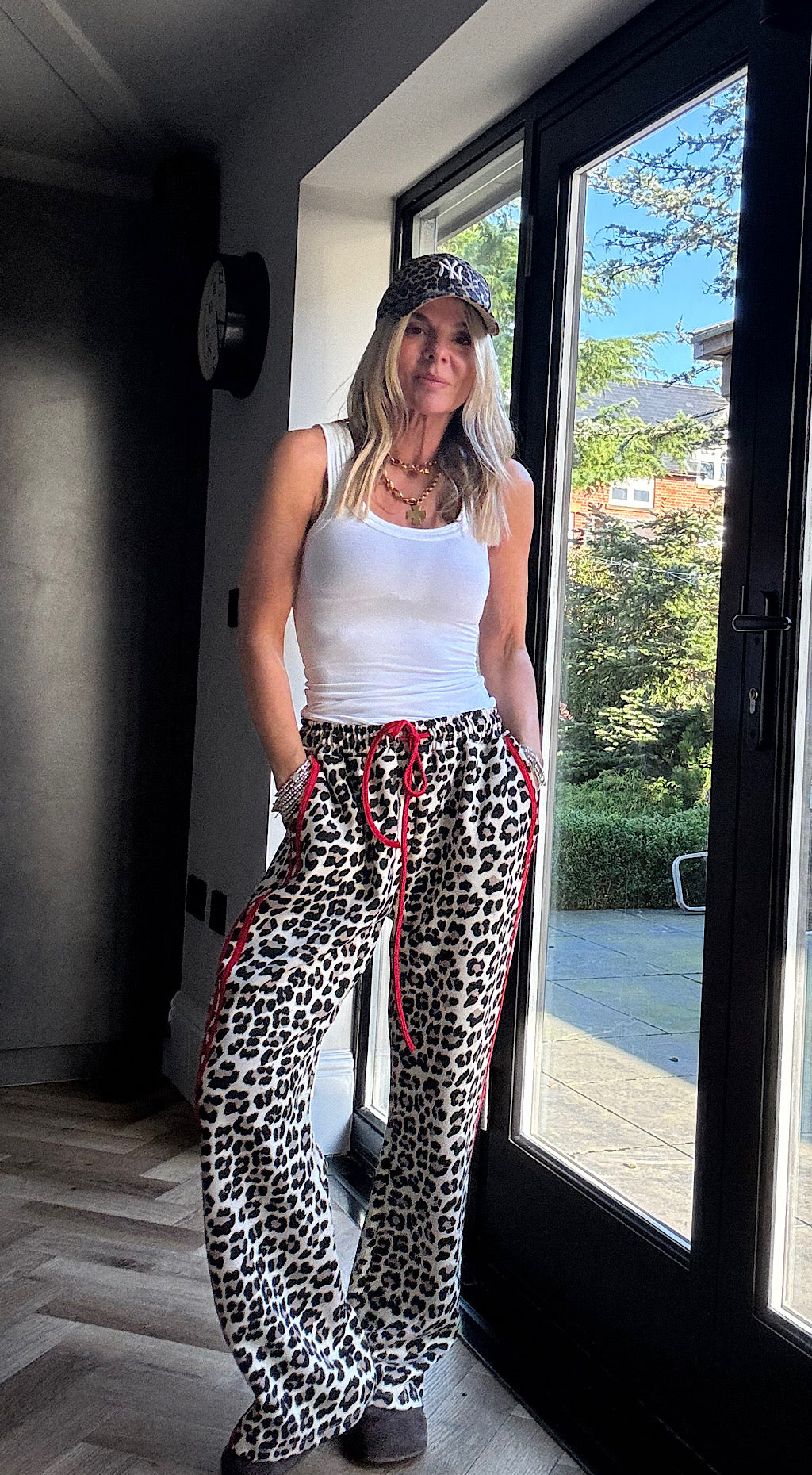 Leopard side stripe track pant red