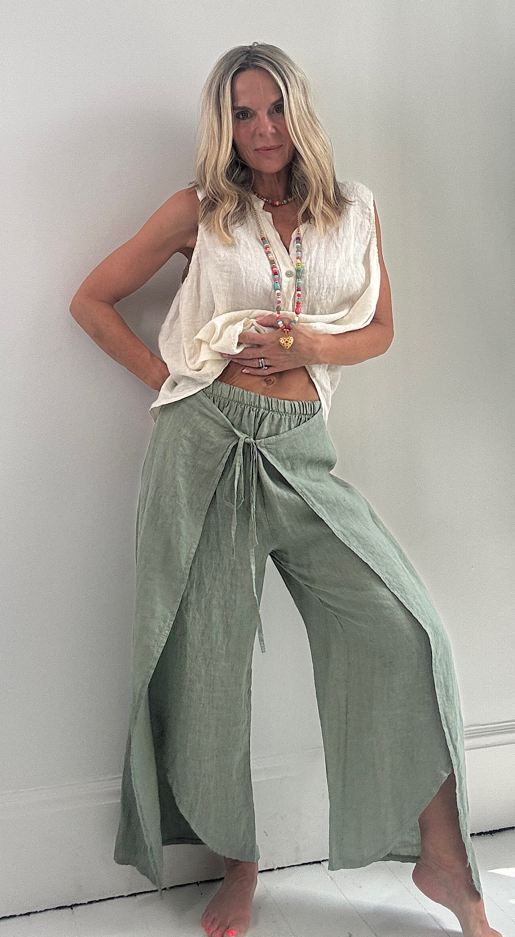 Linen wrap pants sage