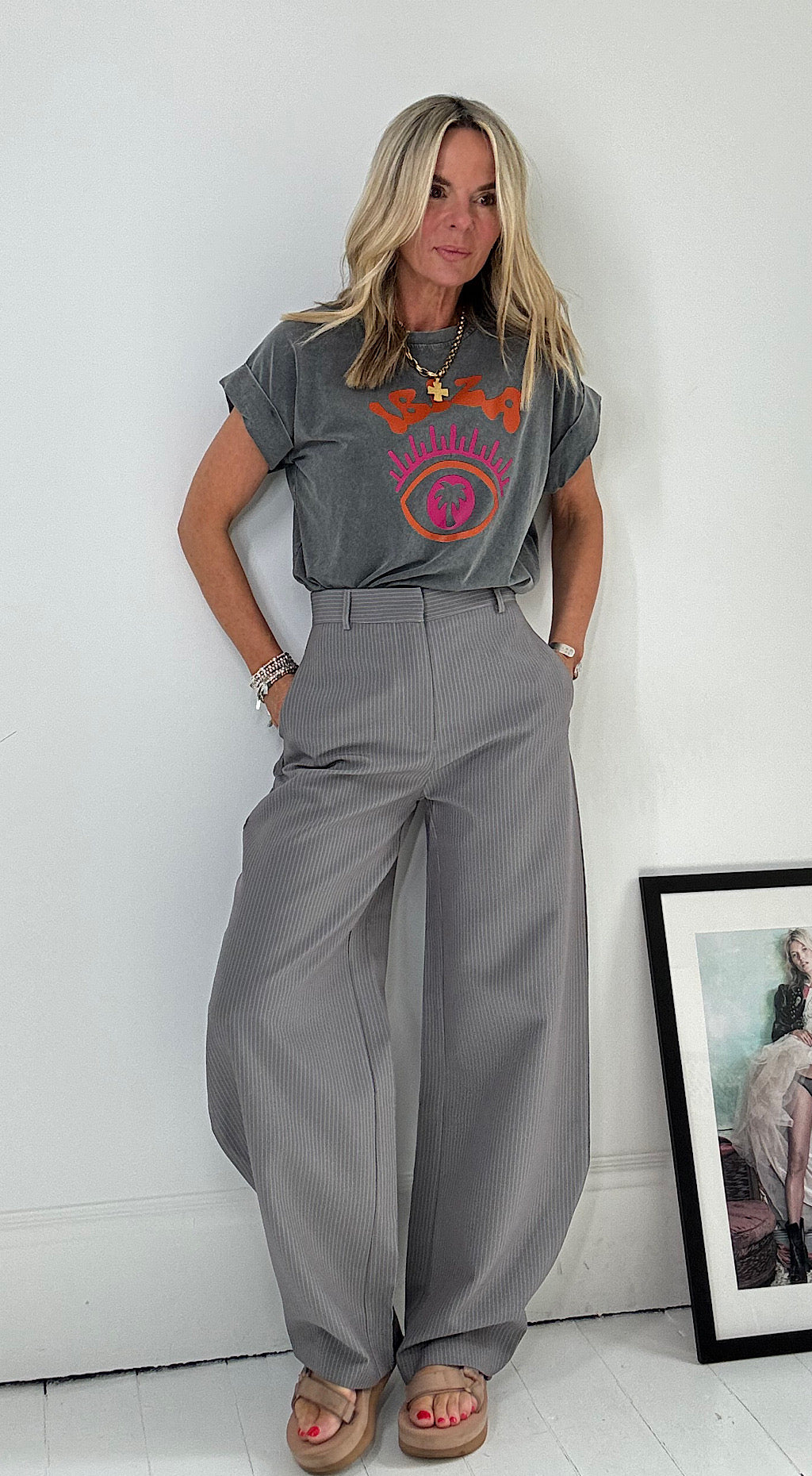 Barrel leg pinstripe trousers