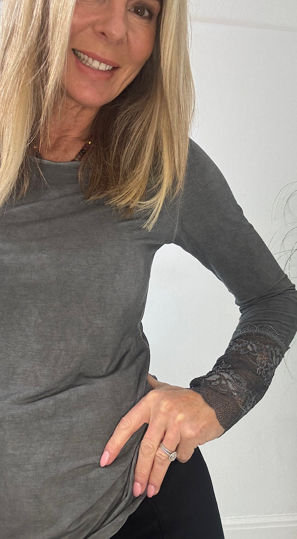 Lace Trim Top - Charcoal