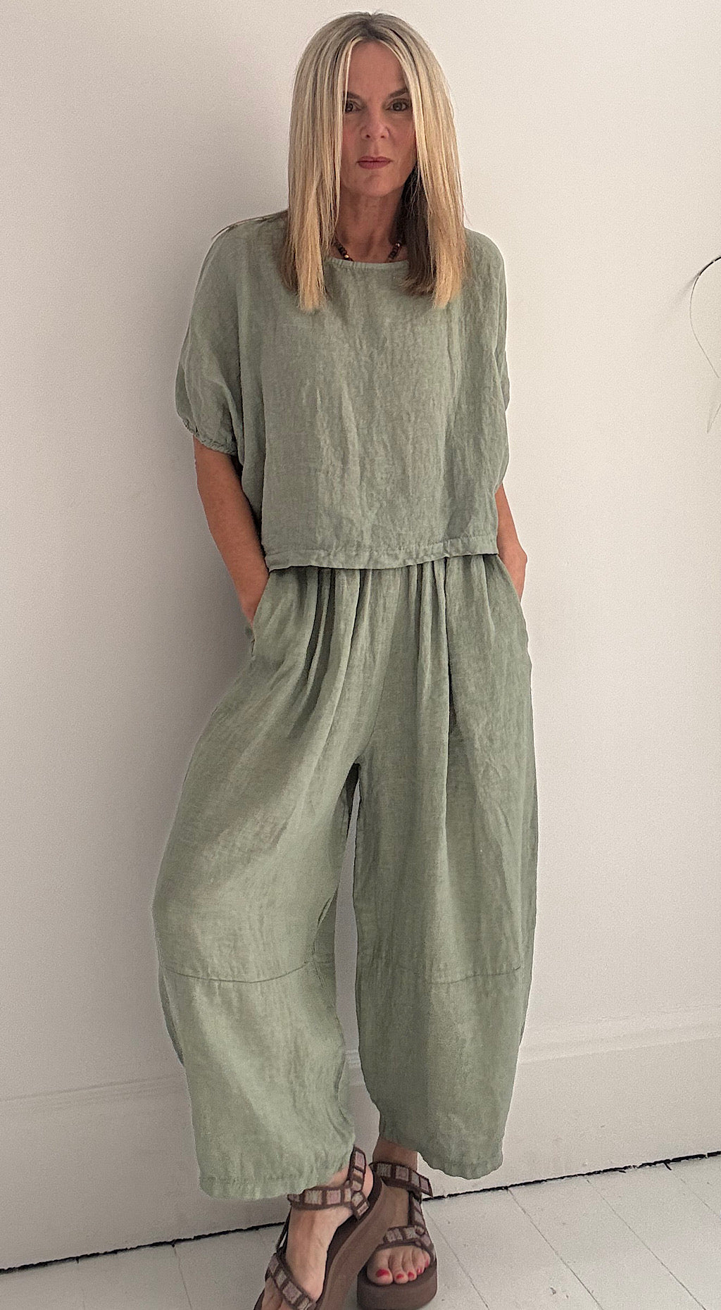 Linen barrel pant sage