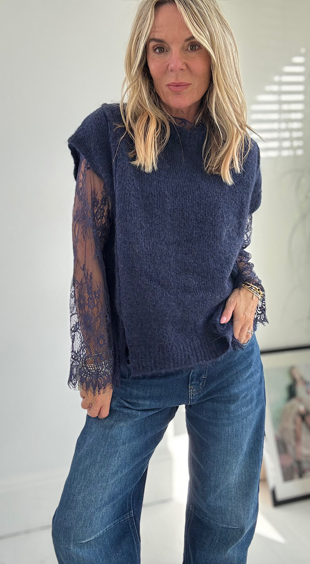 Lace Sleeve Knit - navy
