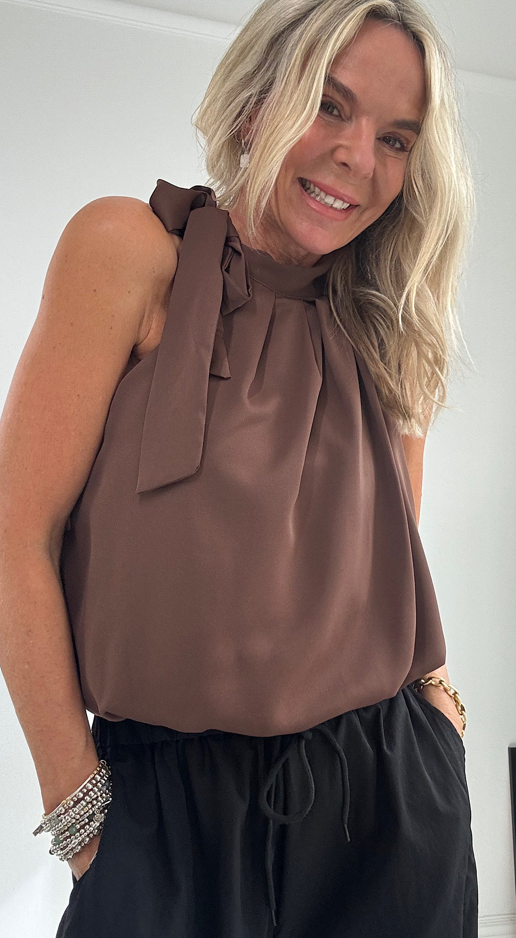 Puff Ball Halter Top - chocolate