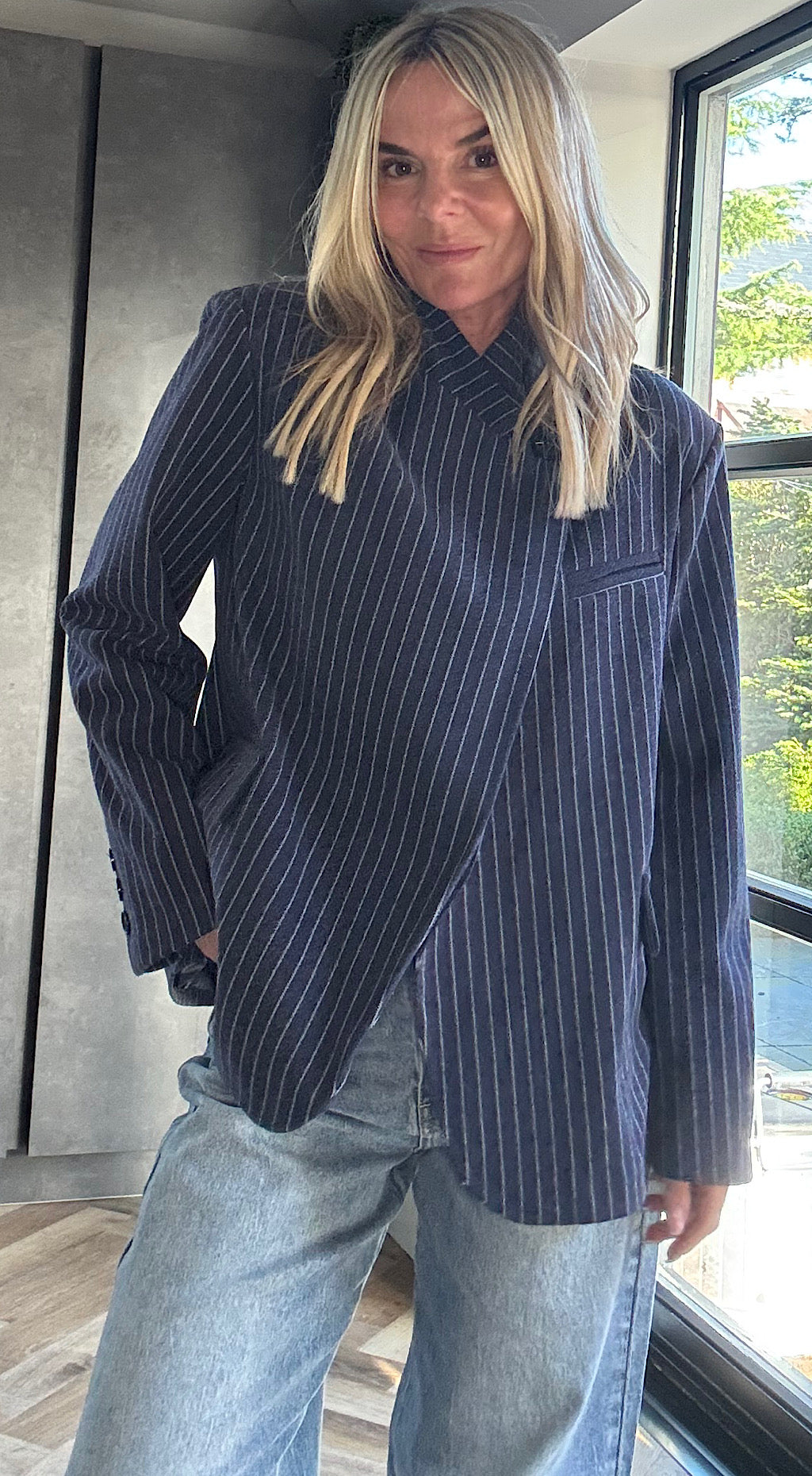 One button pinstripe blazer navy