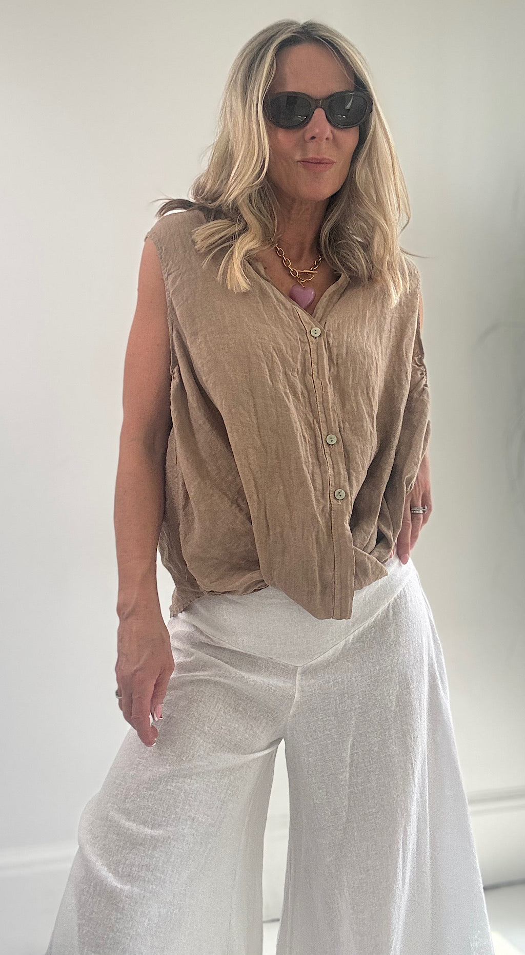 Twist front linen top camel