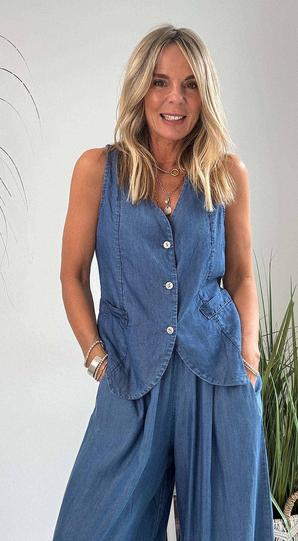 Dark Denim Look Waistcoat Trouser Suit