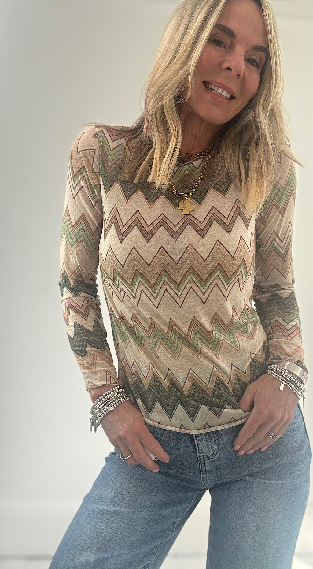 Zig Zag Cashmere Mix Top - khaki
