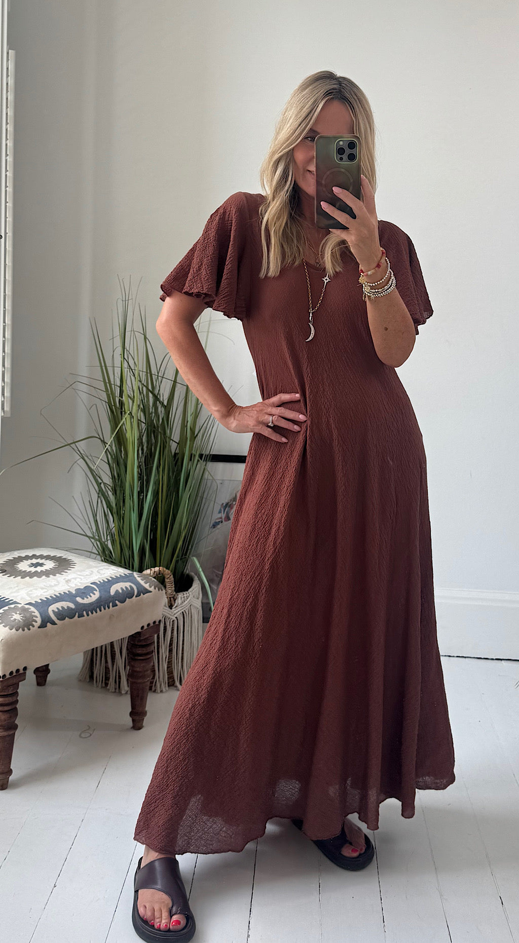V neck slip dress brown
