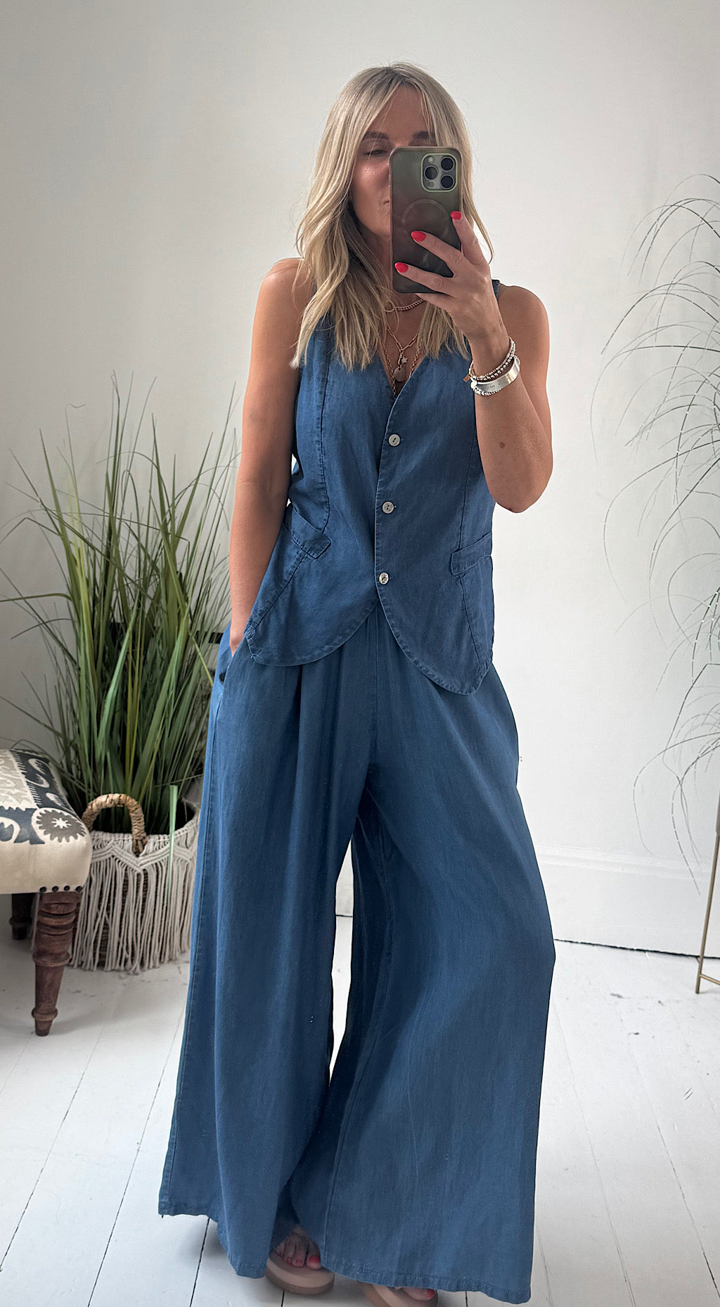Dark Denim Look Waistcoat Trouser Suit