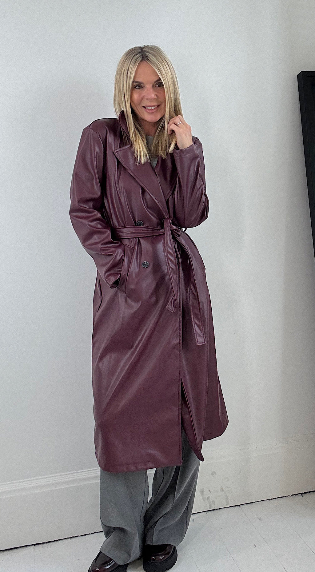 Vegan Leather Trench Coat - Burgundy