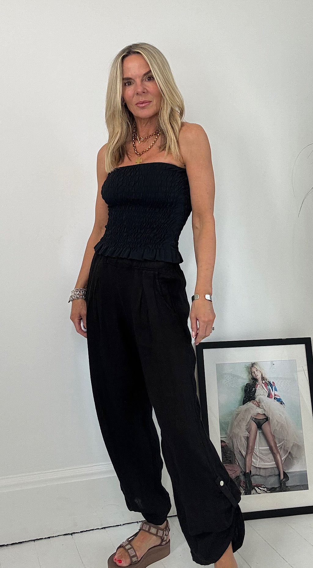 Linen Roll up Pant - black