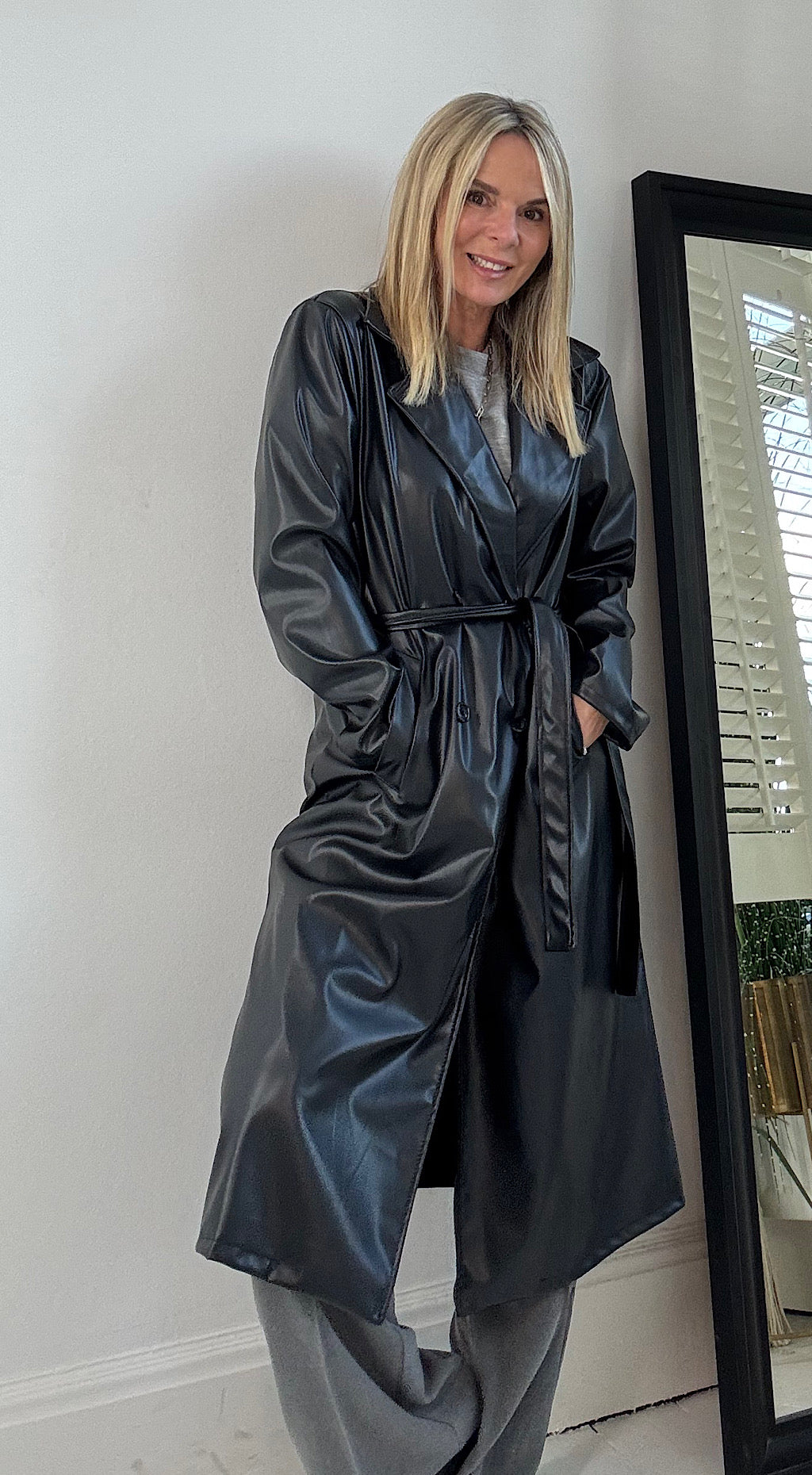 Vegan Leather Trench Coat - Black