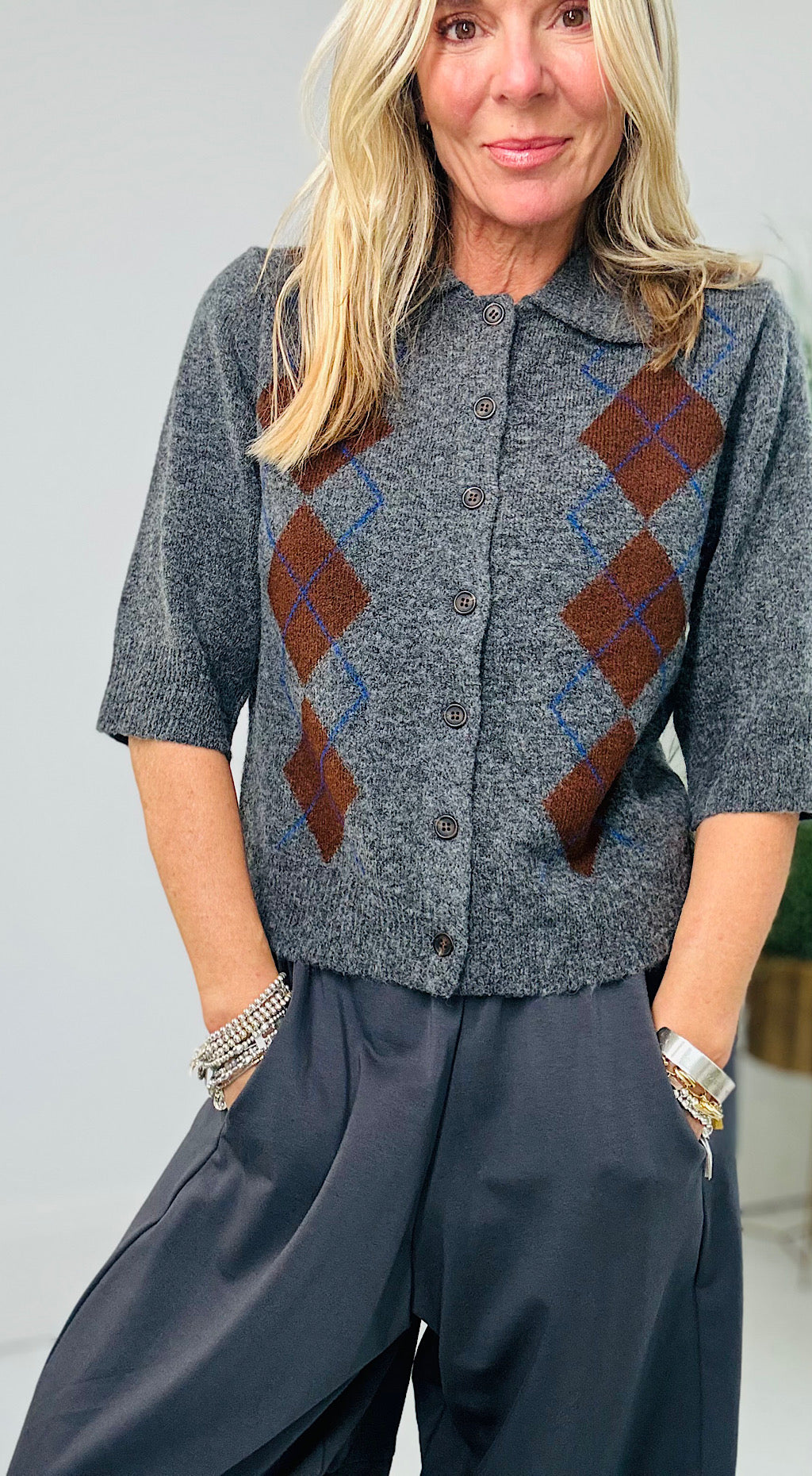 Fira Argyle Cardi - charcoal
