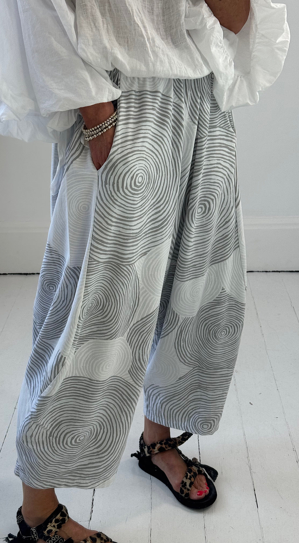 Retro swirl cocoon pant white. PRE ORDER estimated due date 24th April