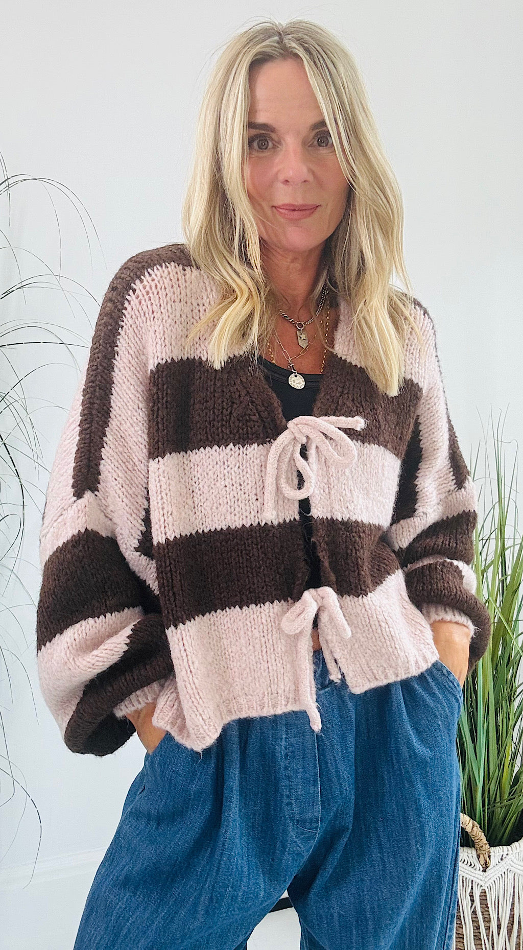 Tie Front Striped Cardigan - brown mix