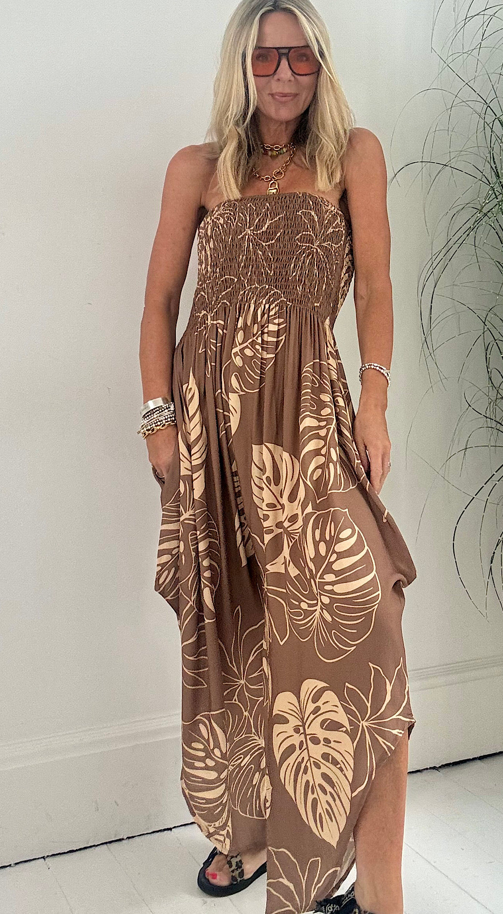 Leaf print hareem jumpsuit camel