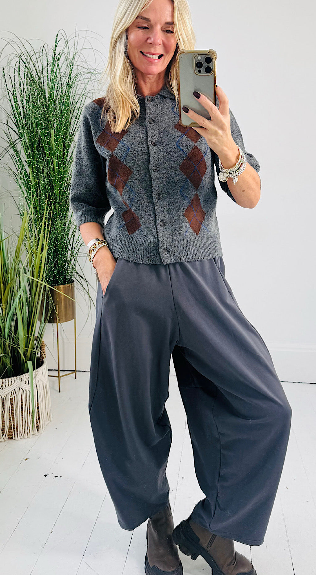 Fira Argyle Cardi - charcoal