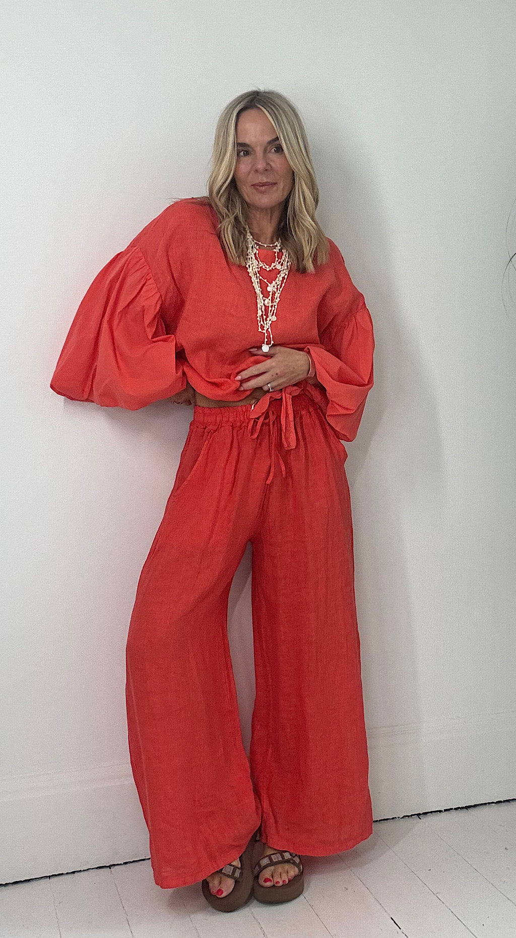 Wide Leg Linen Pant - coral