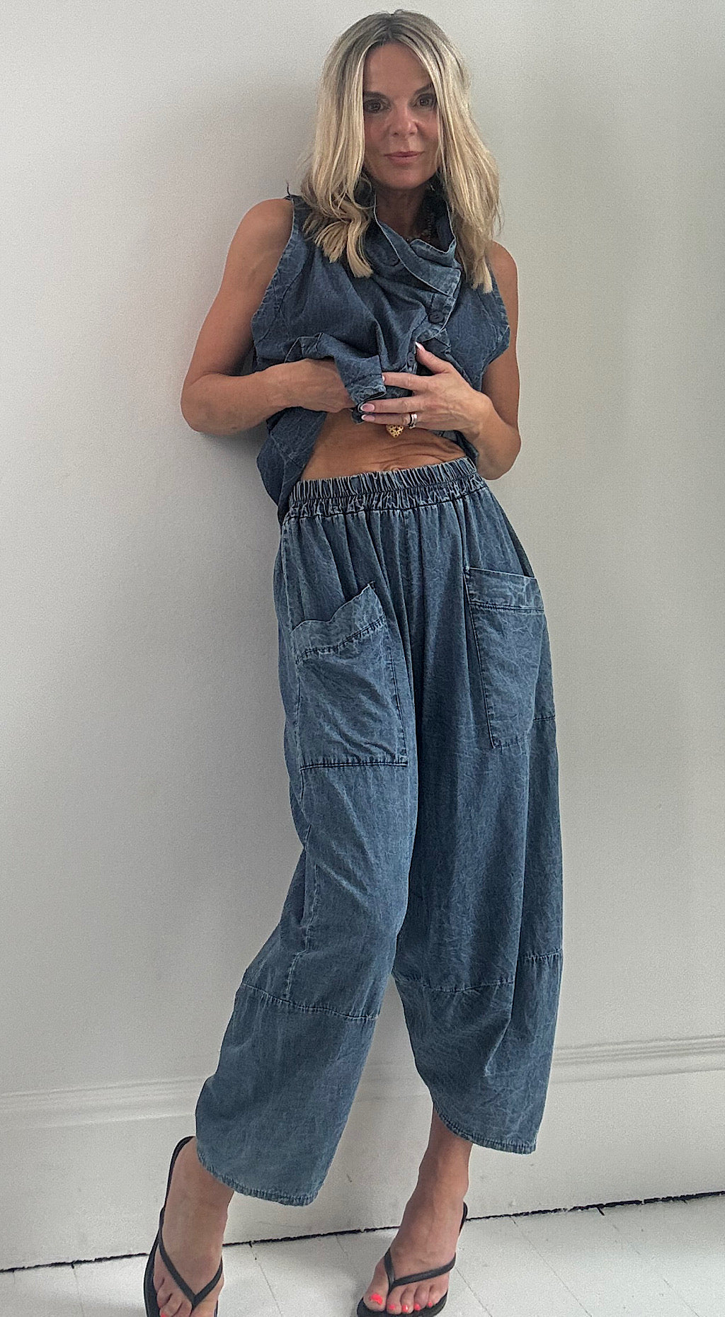 Washed denim pocket pants