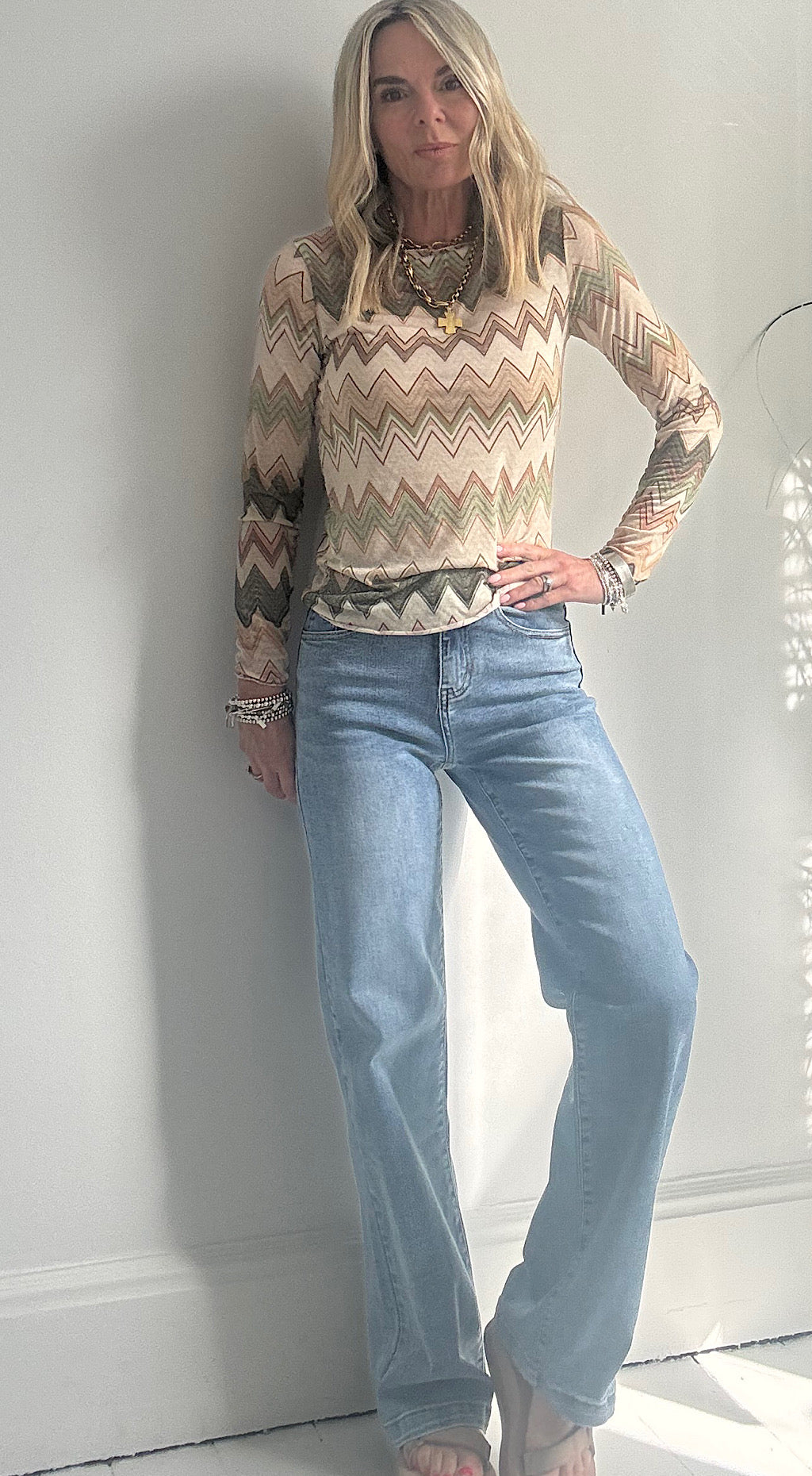Zig Zag Cashmere Mix Top - khaki