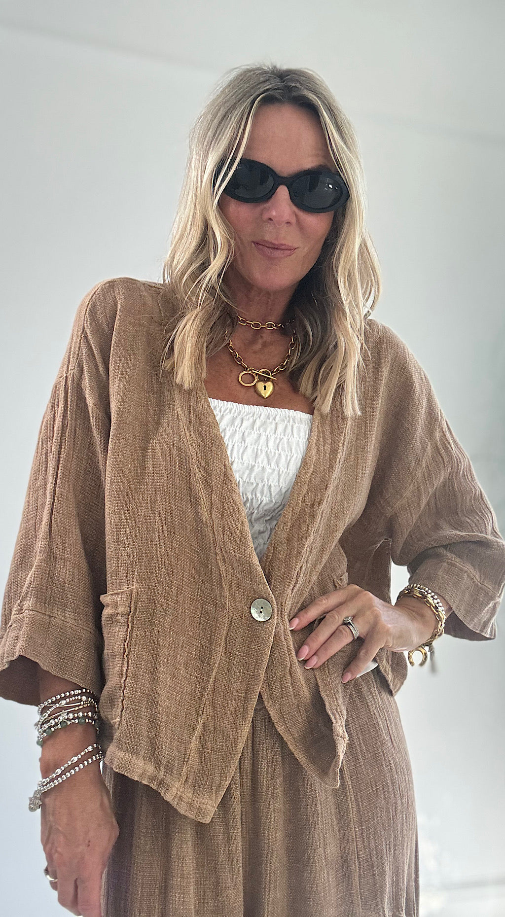 Washed linen jacket camel