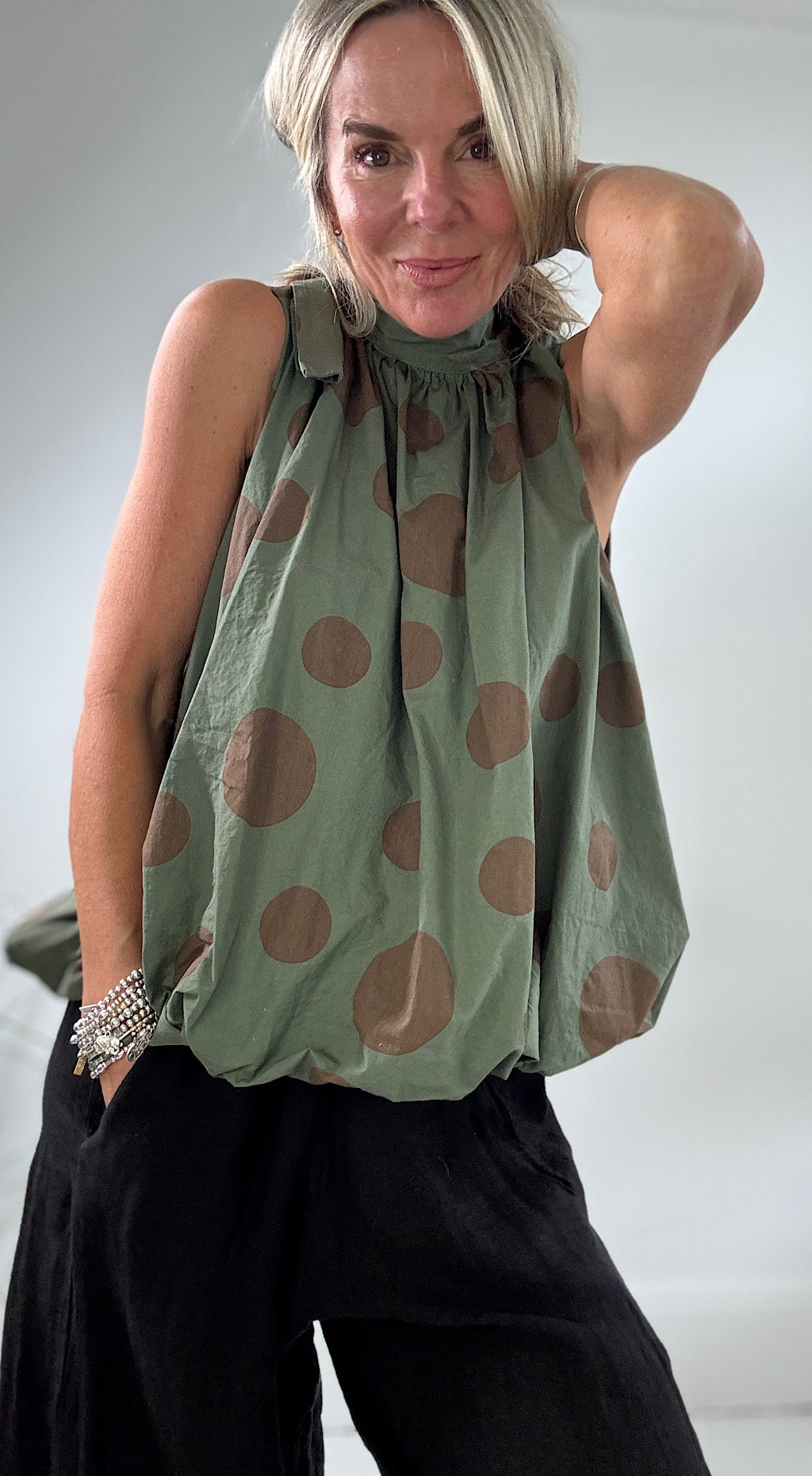 Polka puff ball top khaki