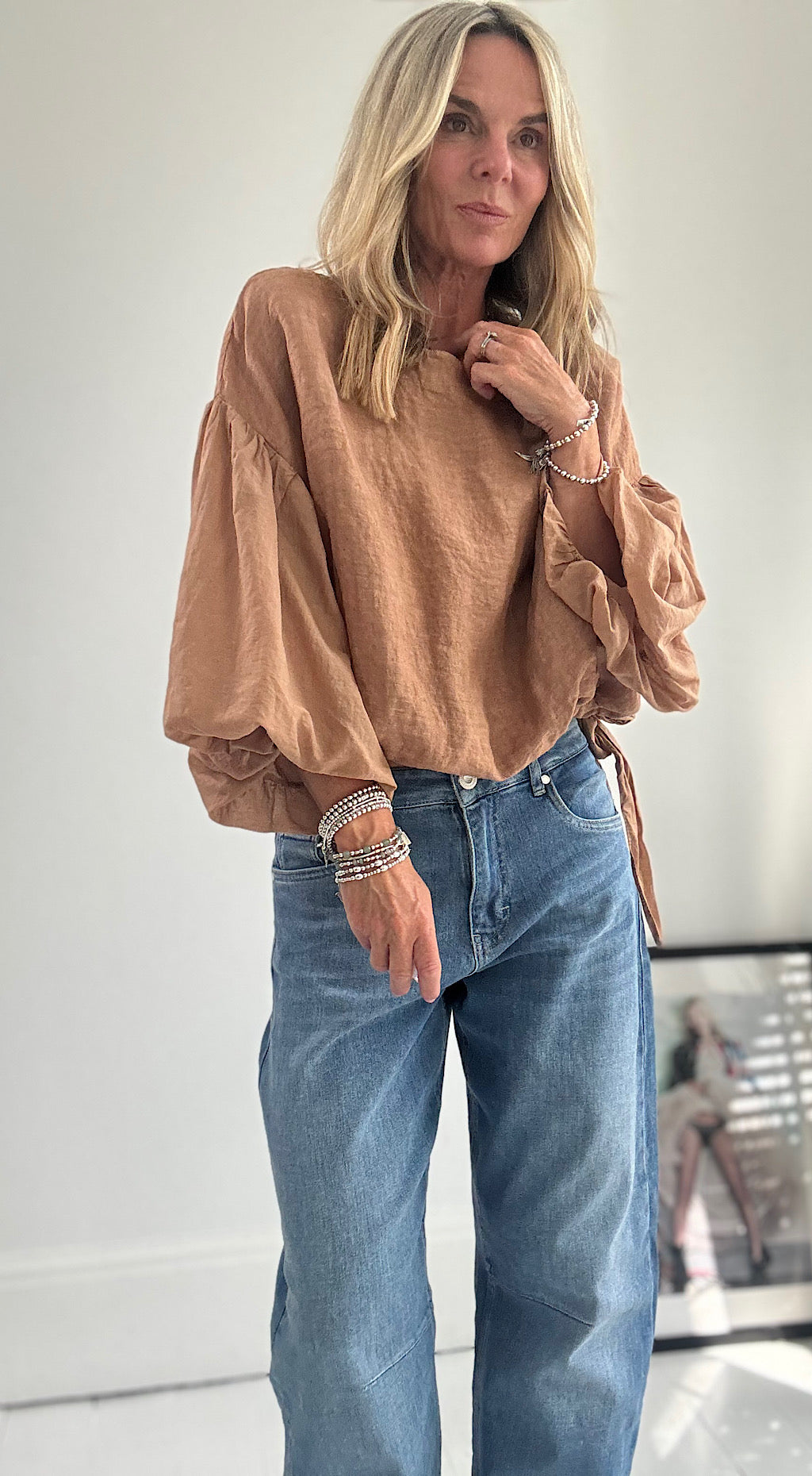 Puff Ball Linen Top - camel
