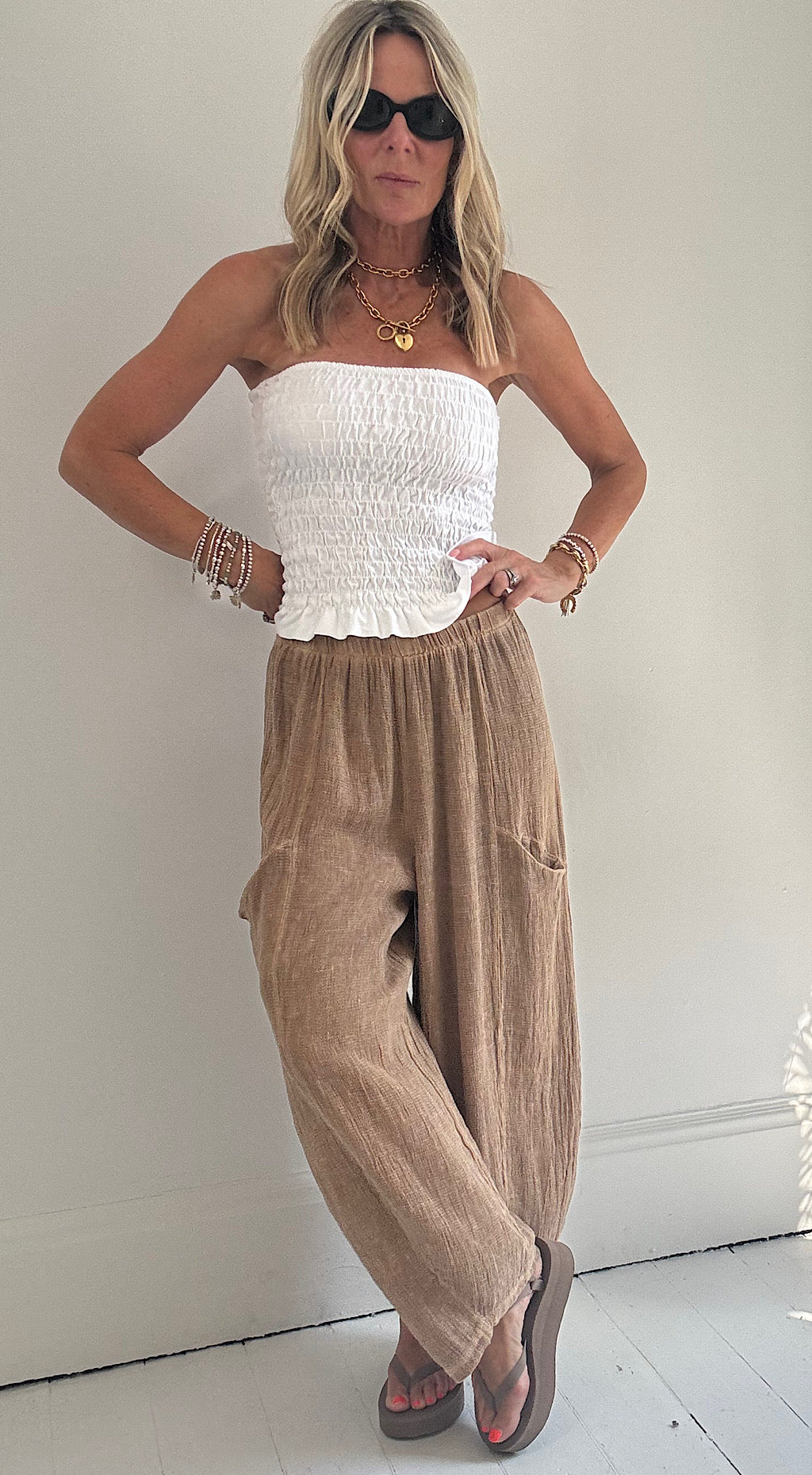 Washed linen pants camel