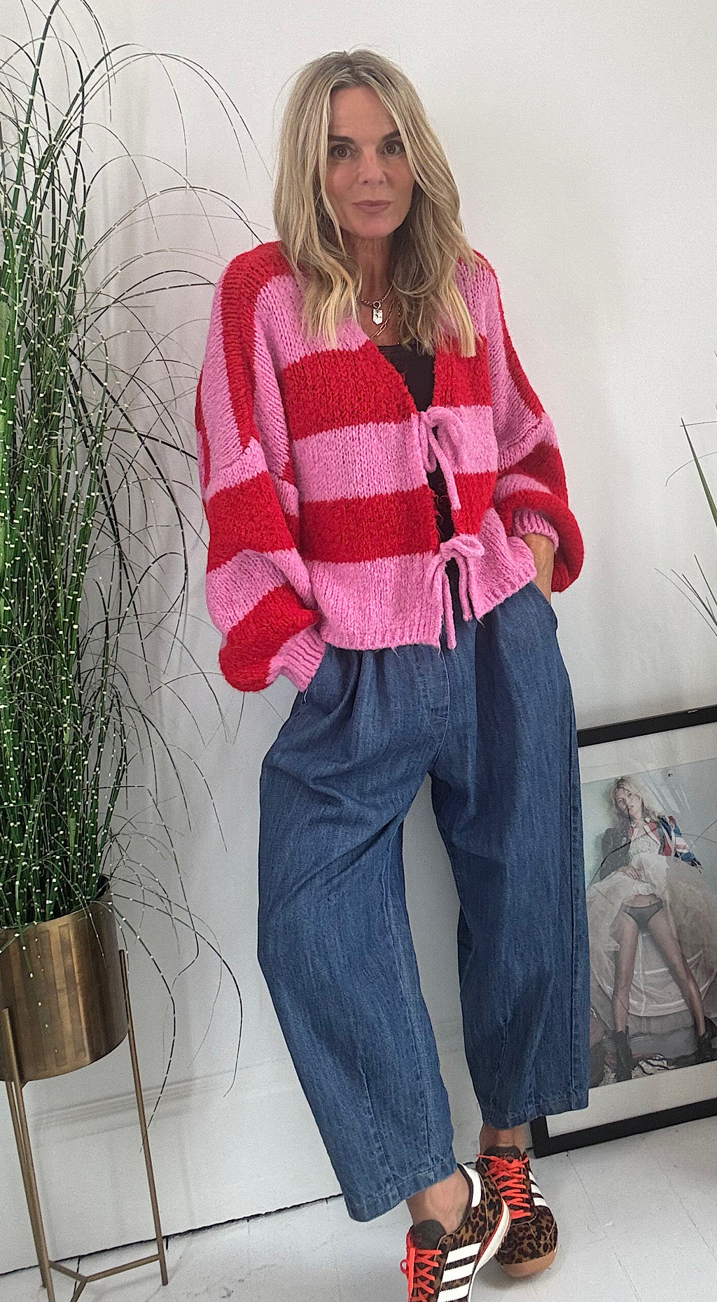 Tie Front Striped Cardigan - pink mix