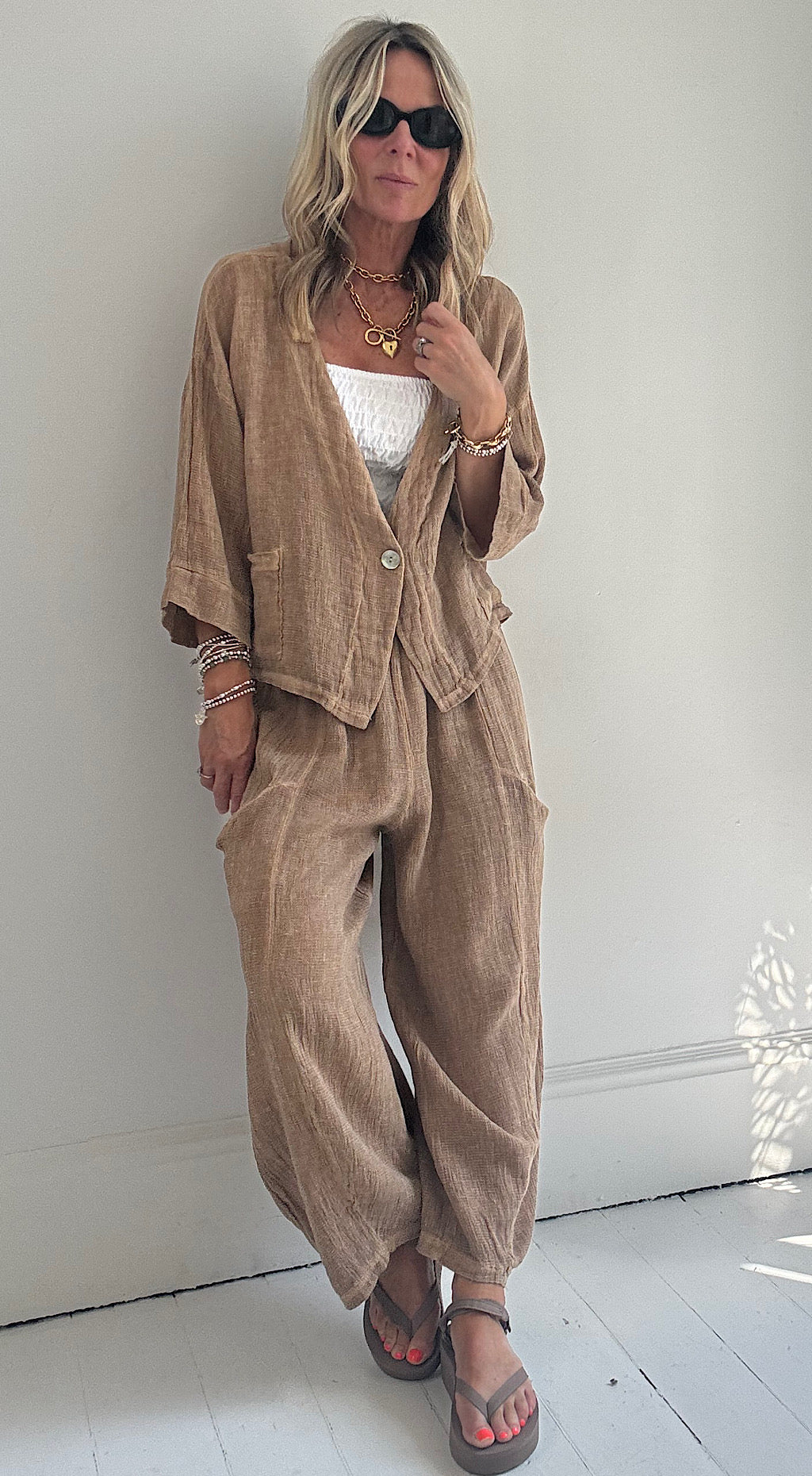 Washed linen jacket camel