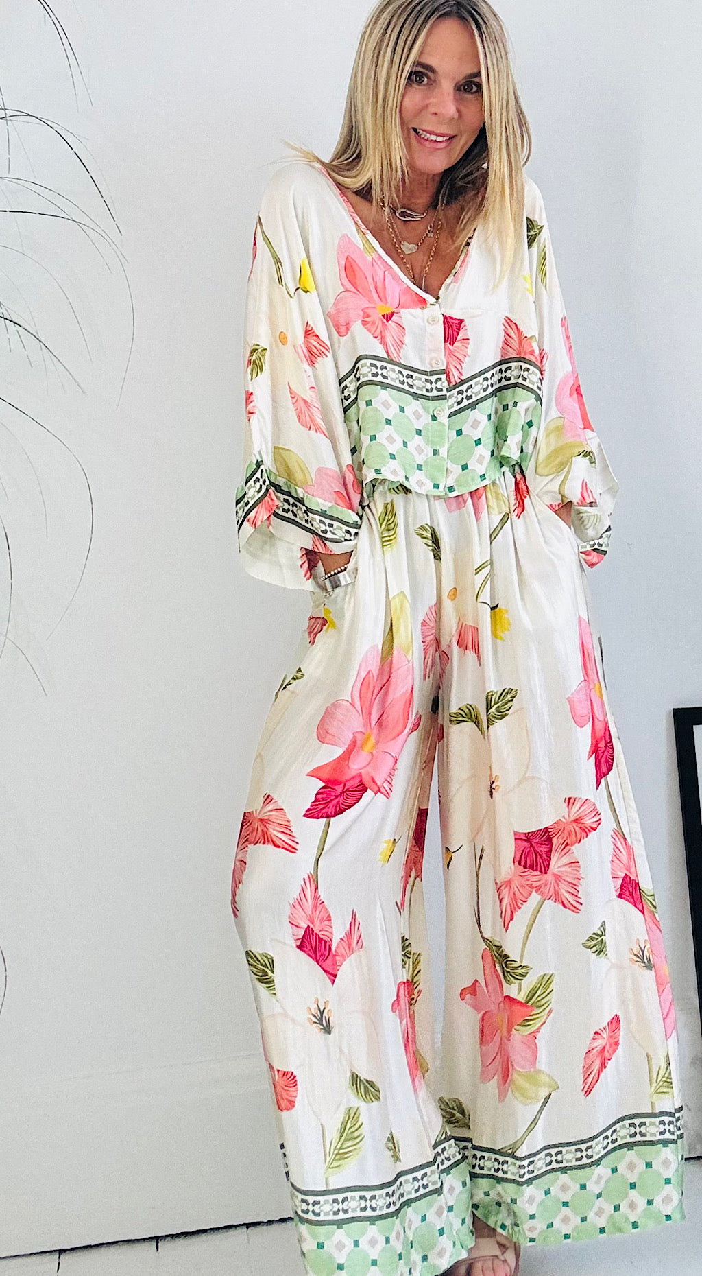 Satin Flower Print Suit