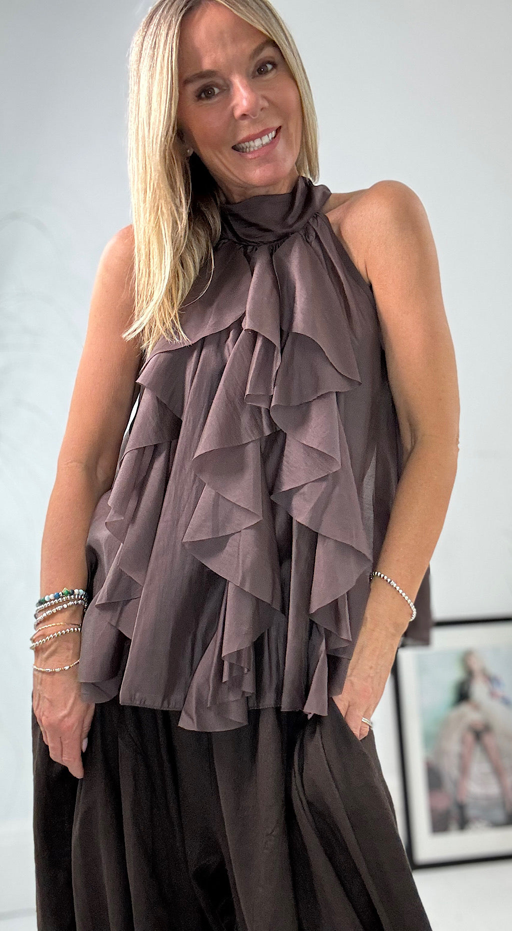 Frill Front Top - Chocolate