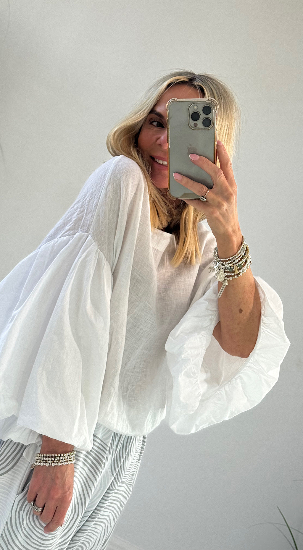 Puff Ball Linen Top - white