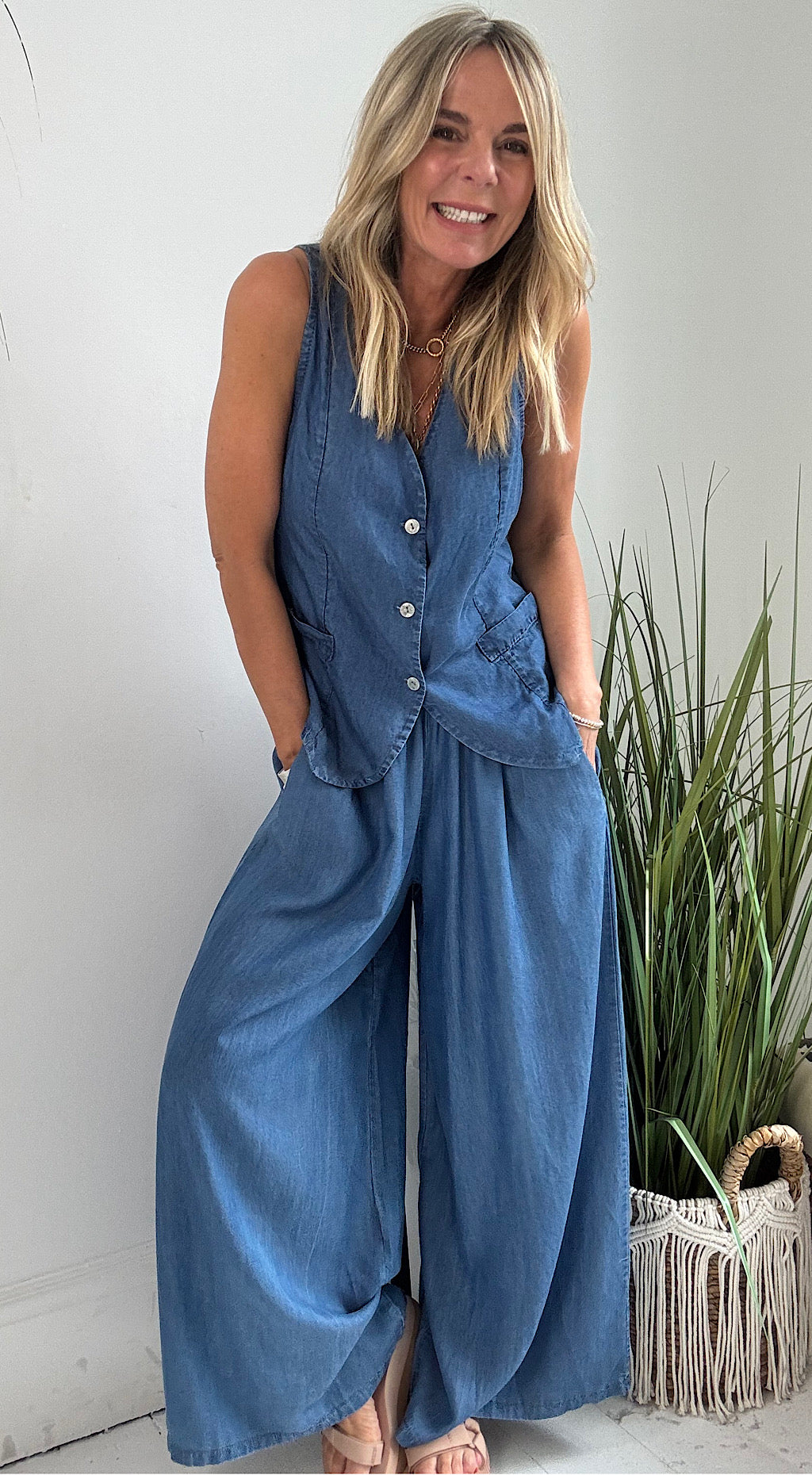 Dark Denim Look Waistcoat Trouser Suit