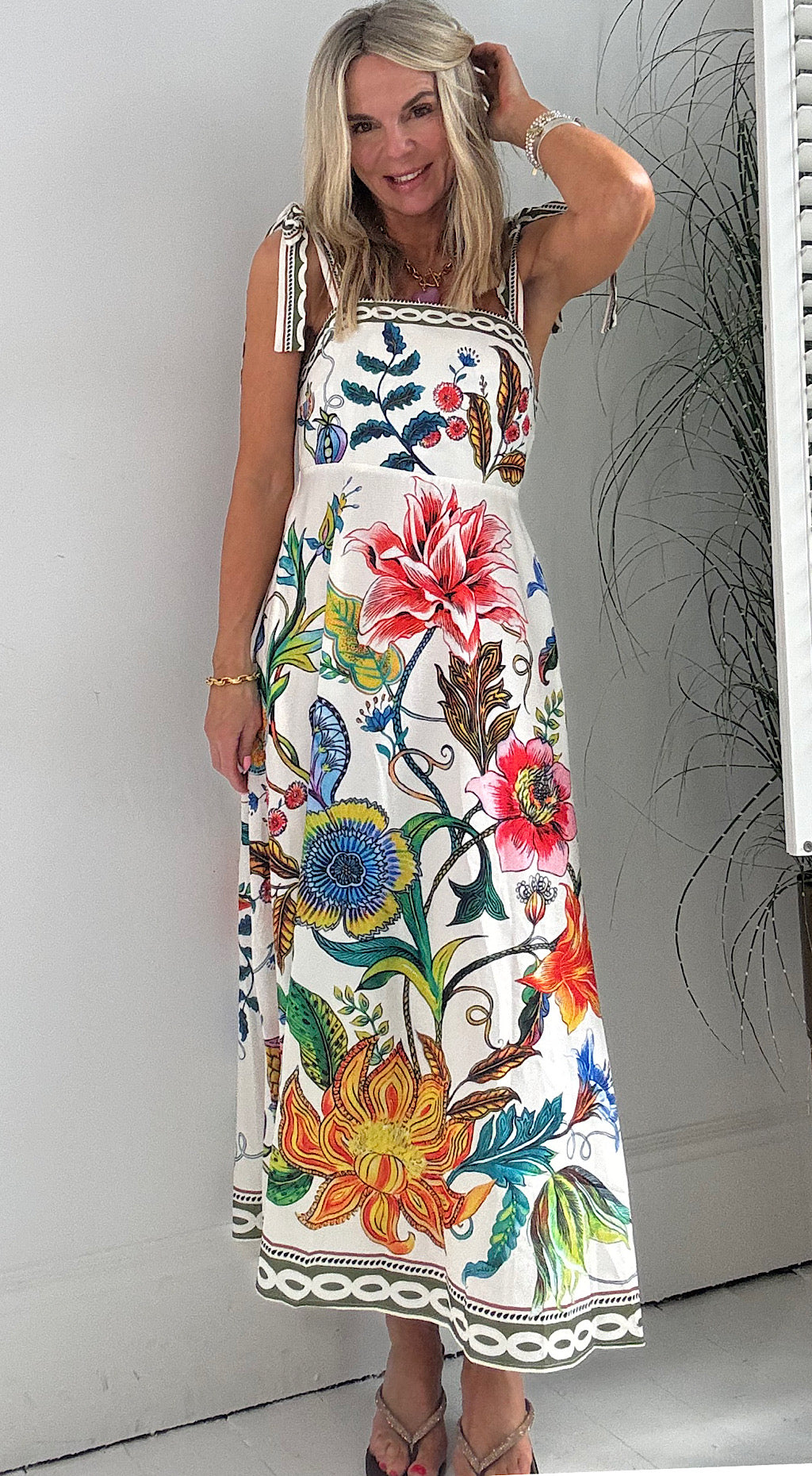 Botanical tie shoulder dress