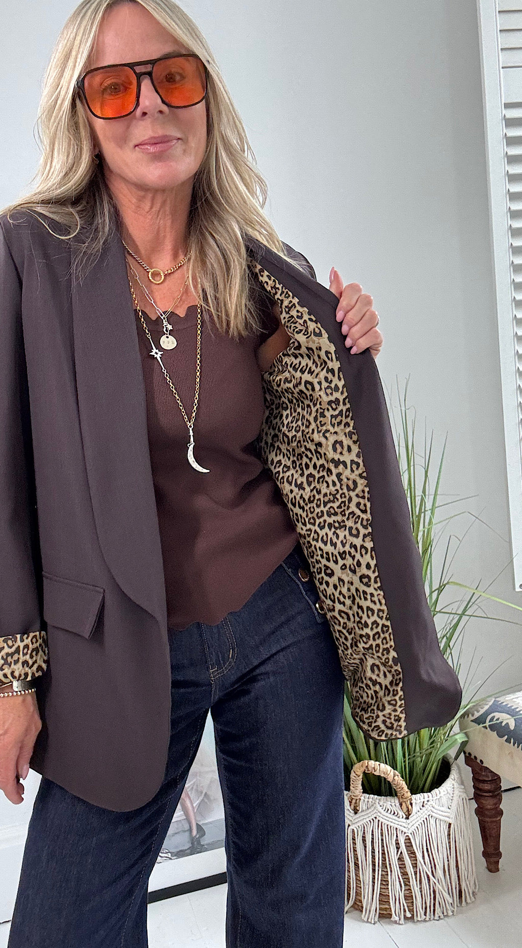 Leopard Lined Blazer Chocolate
