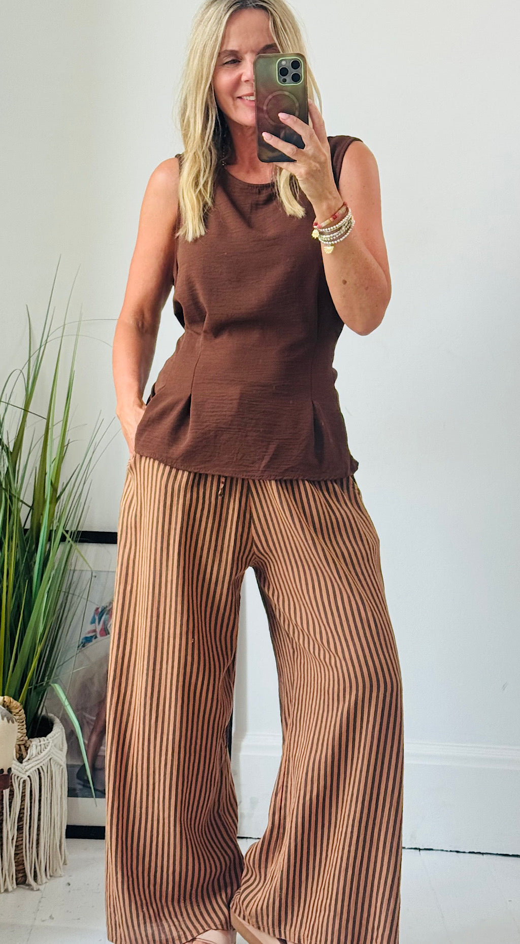 Linen Striped Pant - rust/brown mix
