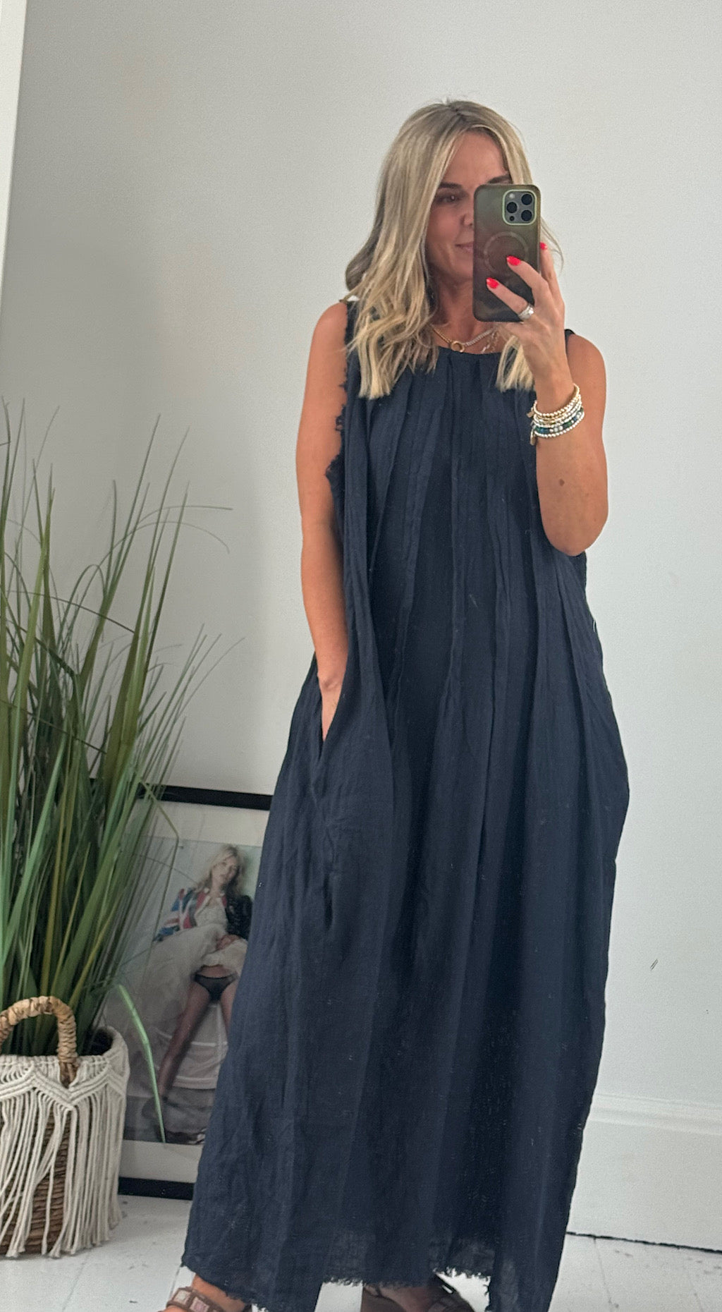 Pleated Linen Dress Navy