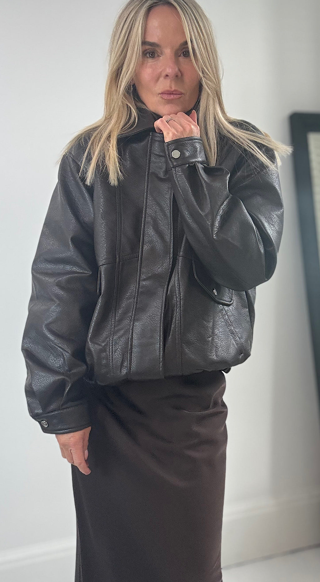 Oversized dark brown pleather jacket