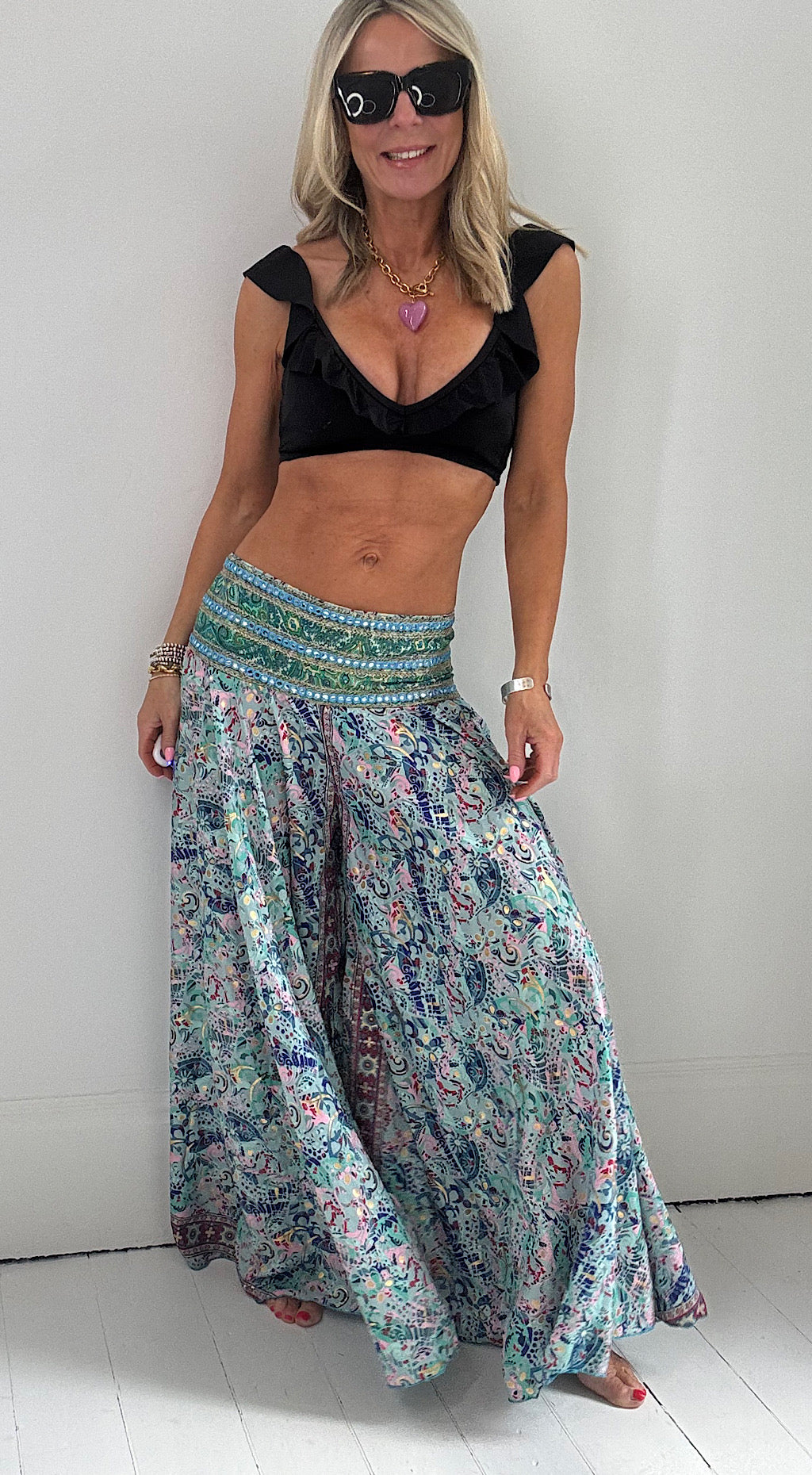 Indian silk pant aqua print