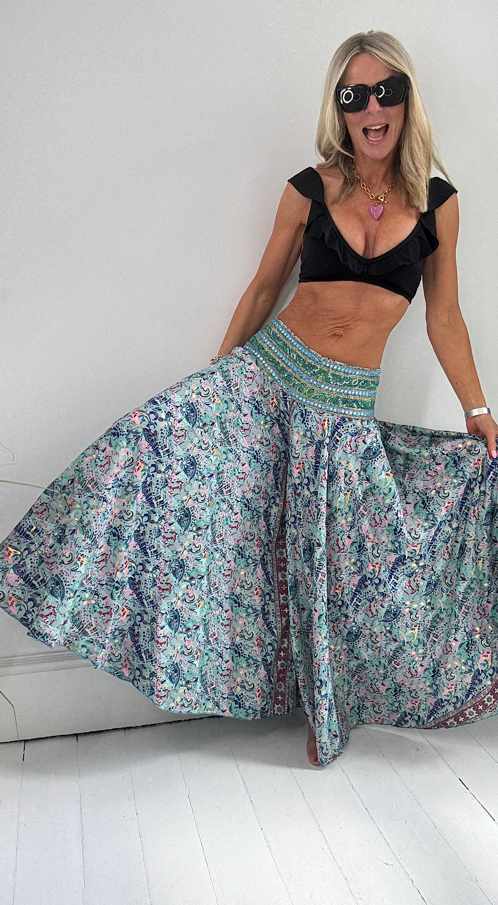 Indian silk pant aqua print