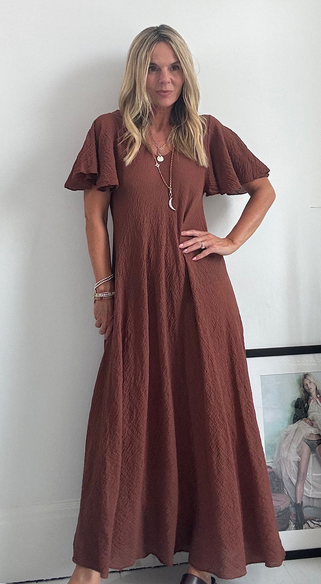V neck slip dress brown