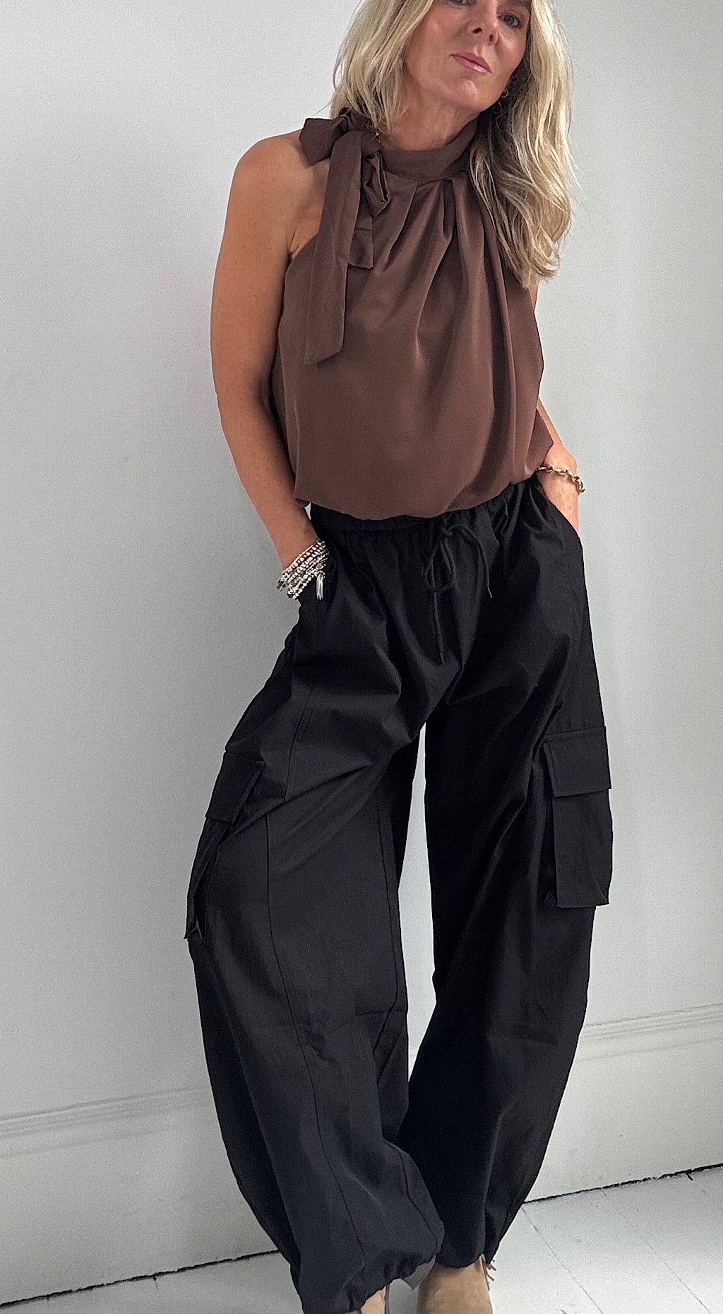 Puff Ball Halter Top - chocolate