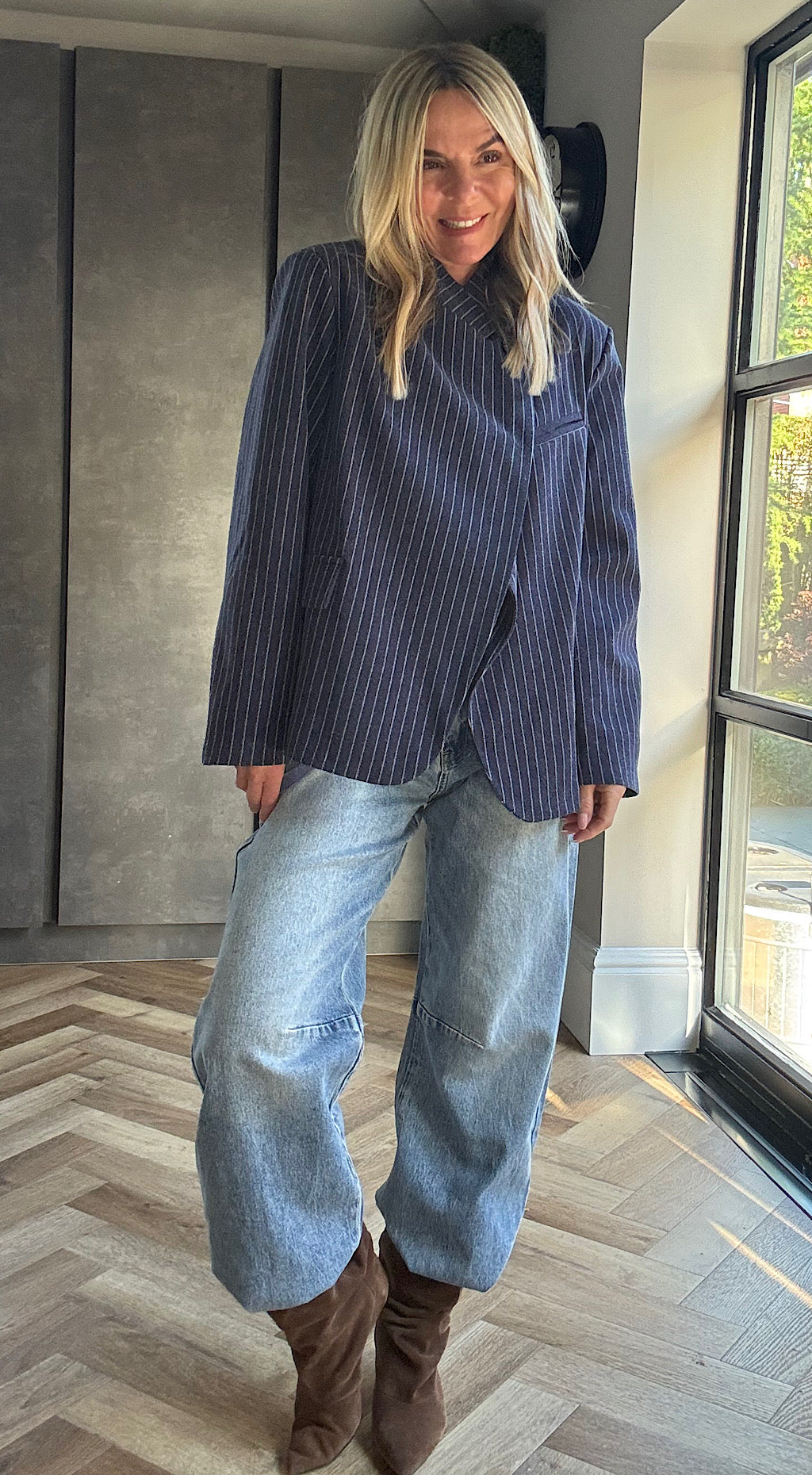 One button pinstripe blazer navy